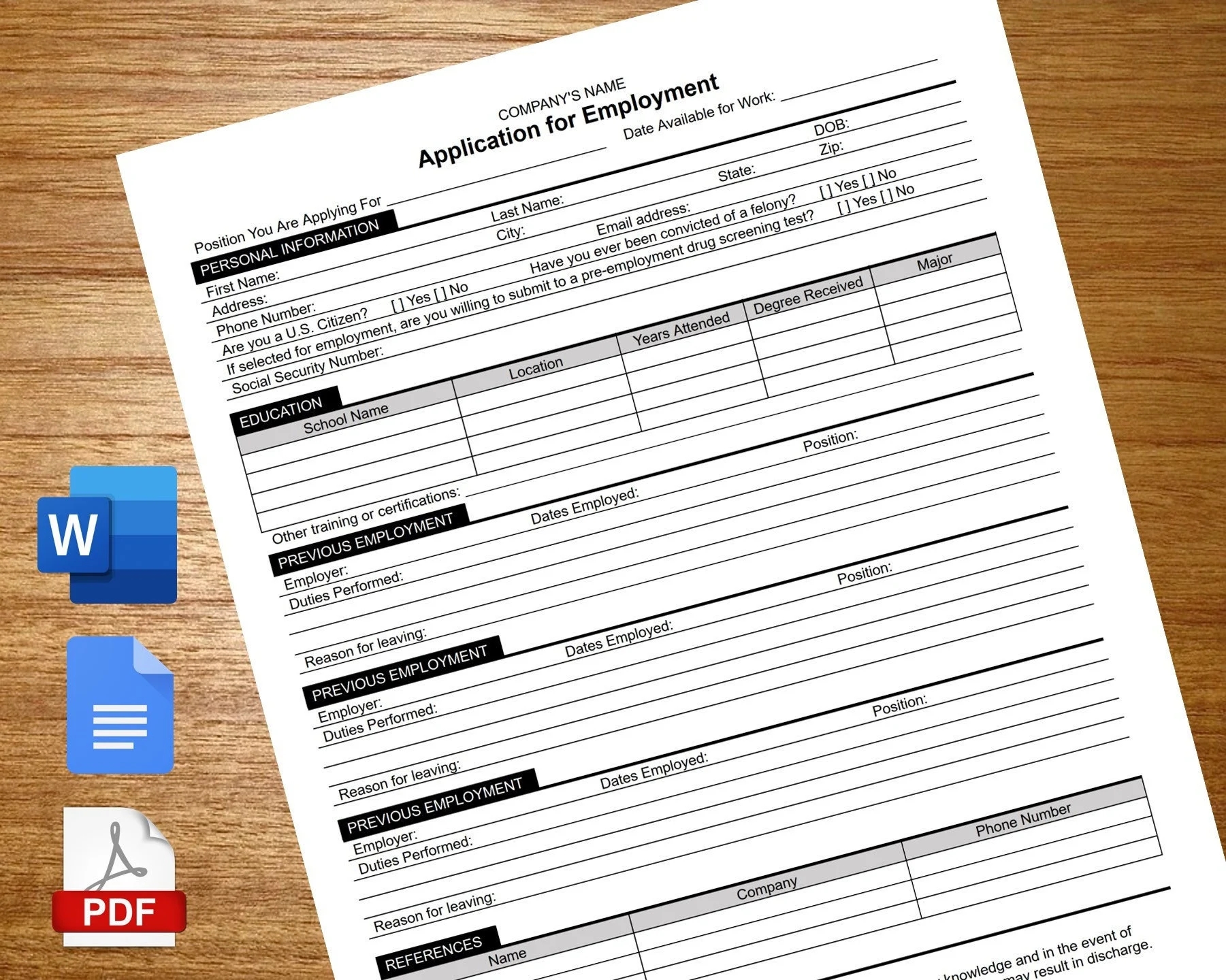 Application For Employment Pdf Printable Application For Employment Blank Form Job Application Application For Employment Word Template Etsy