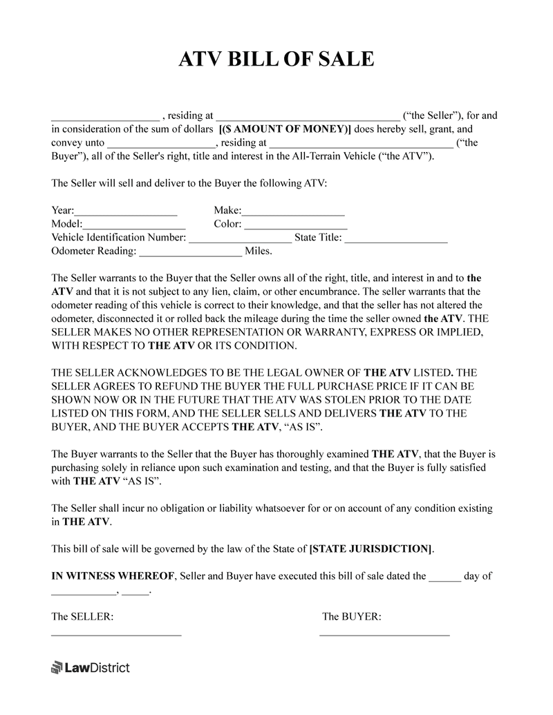 Bill Of Sale Free Printable Form