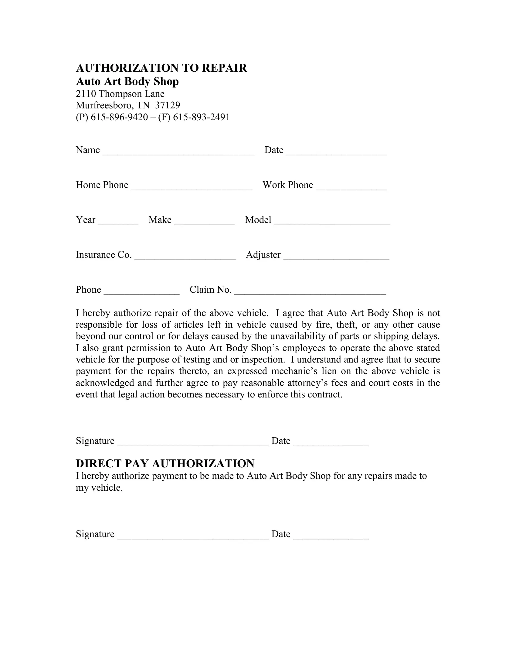 Free Printable Auto Repair Forms