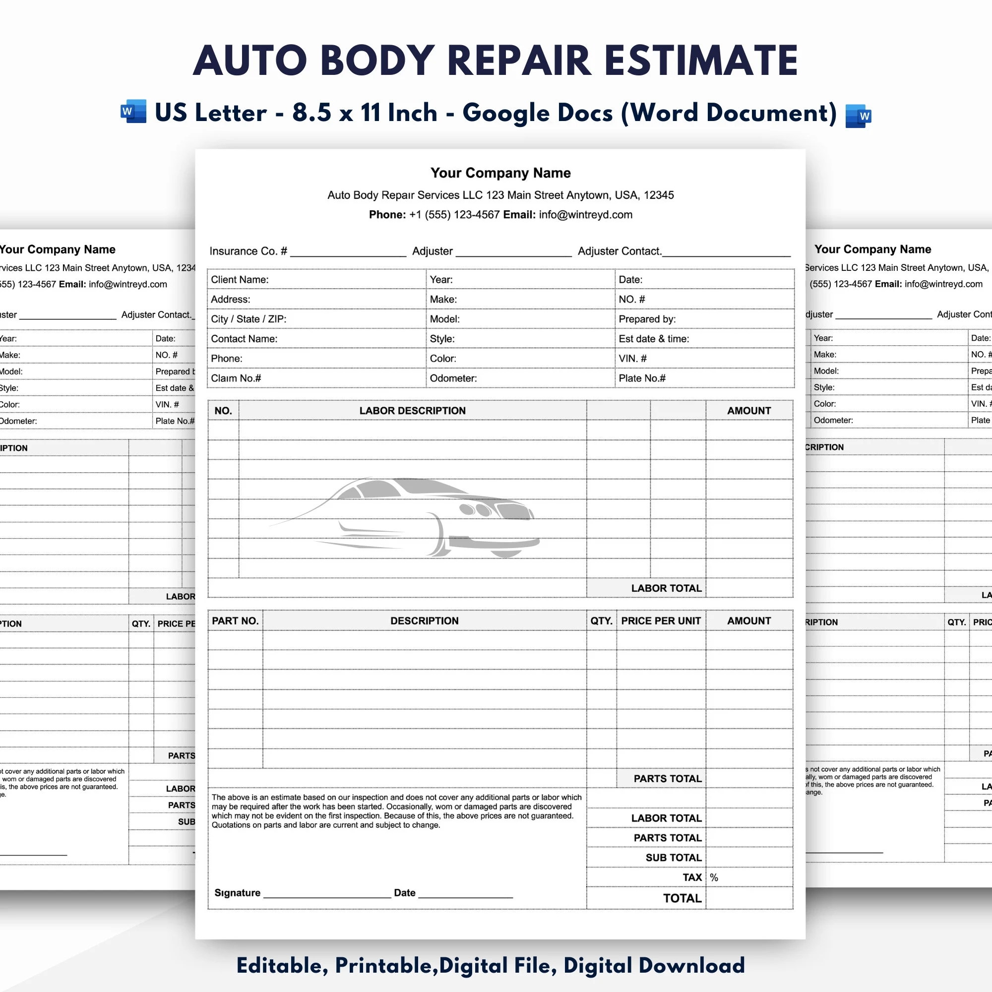 Auto Body Repair Estimate Template Google Docs word Document Etsy