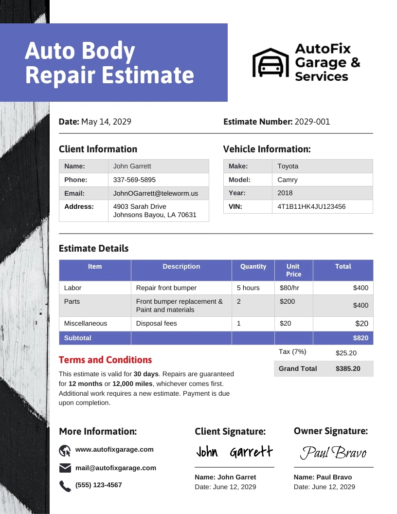 Printable Auto Body Repair Estimate Forms Printable Auto Body Repair Estimate Forms