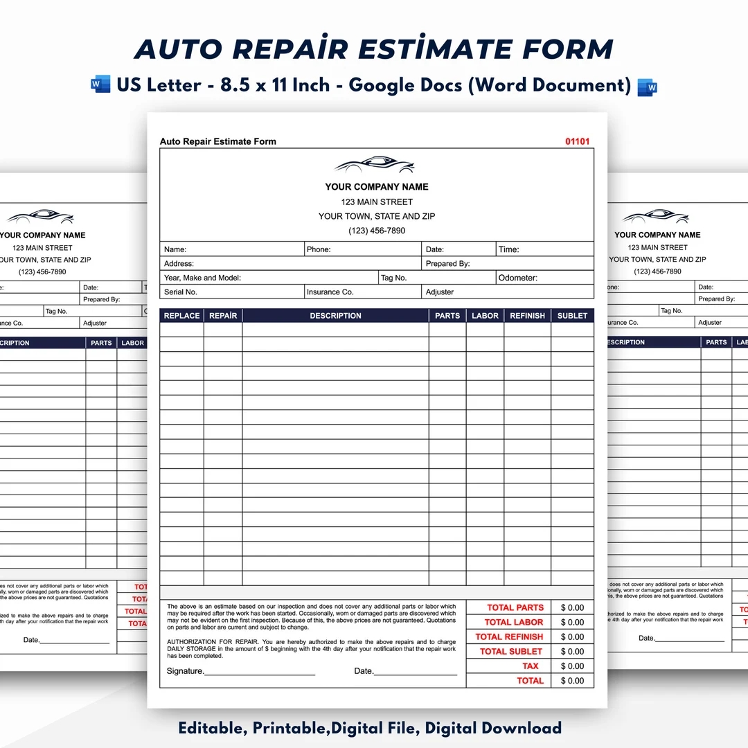 Auto Repair Estimate Form Car Repair Estimate Form Template Etsy