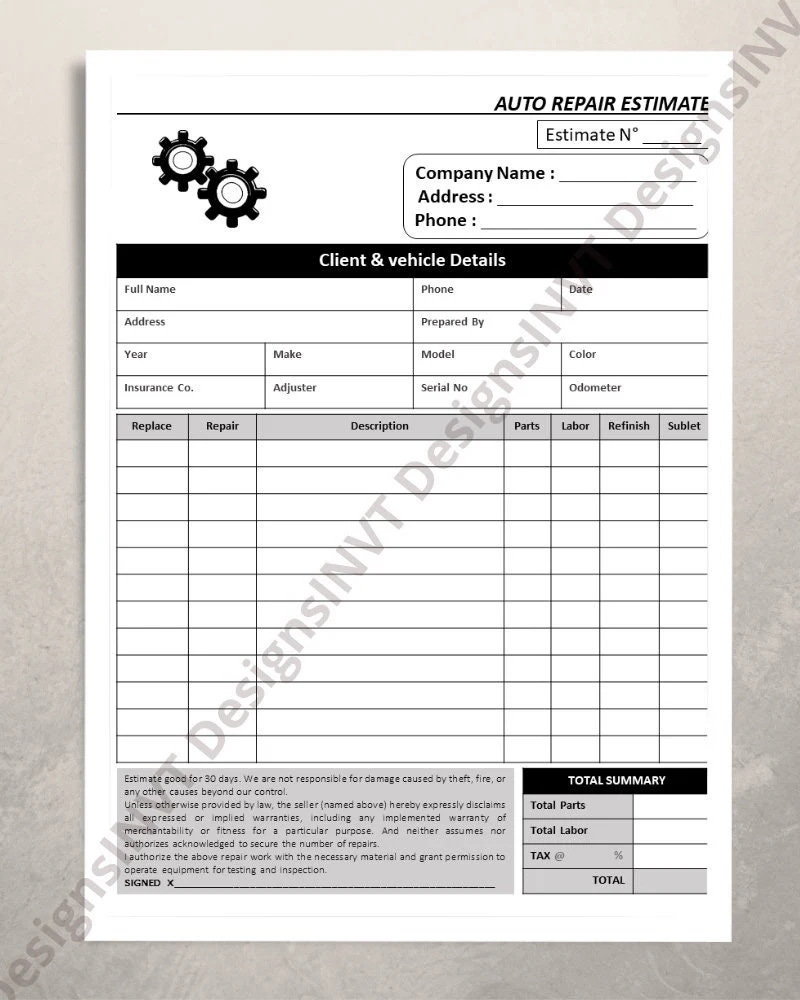 Mechanic Estimates Forms Printable