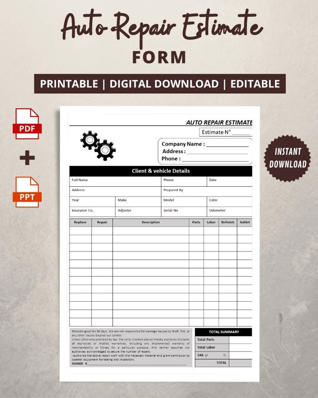 Auto Repair Estimate Form Printable Auto Repair Estimate Template Job Estimate Spreadsheet Personalized Auto Mechanic Work Order Etsy