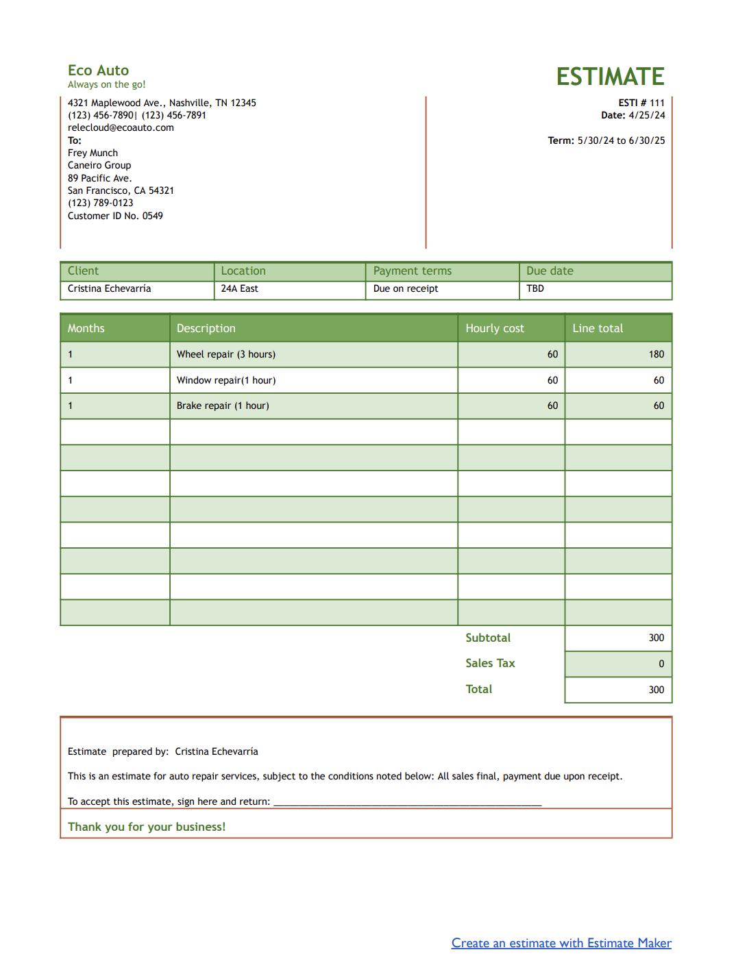 Free Printable Auto Mechanic Estimate Form