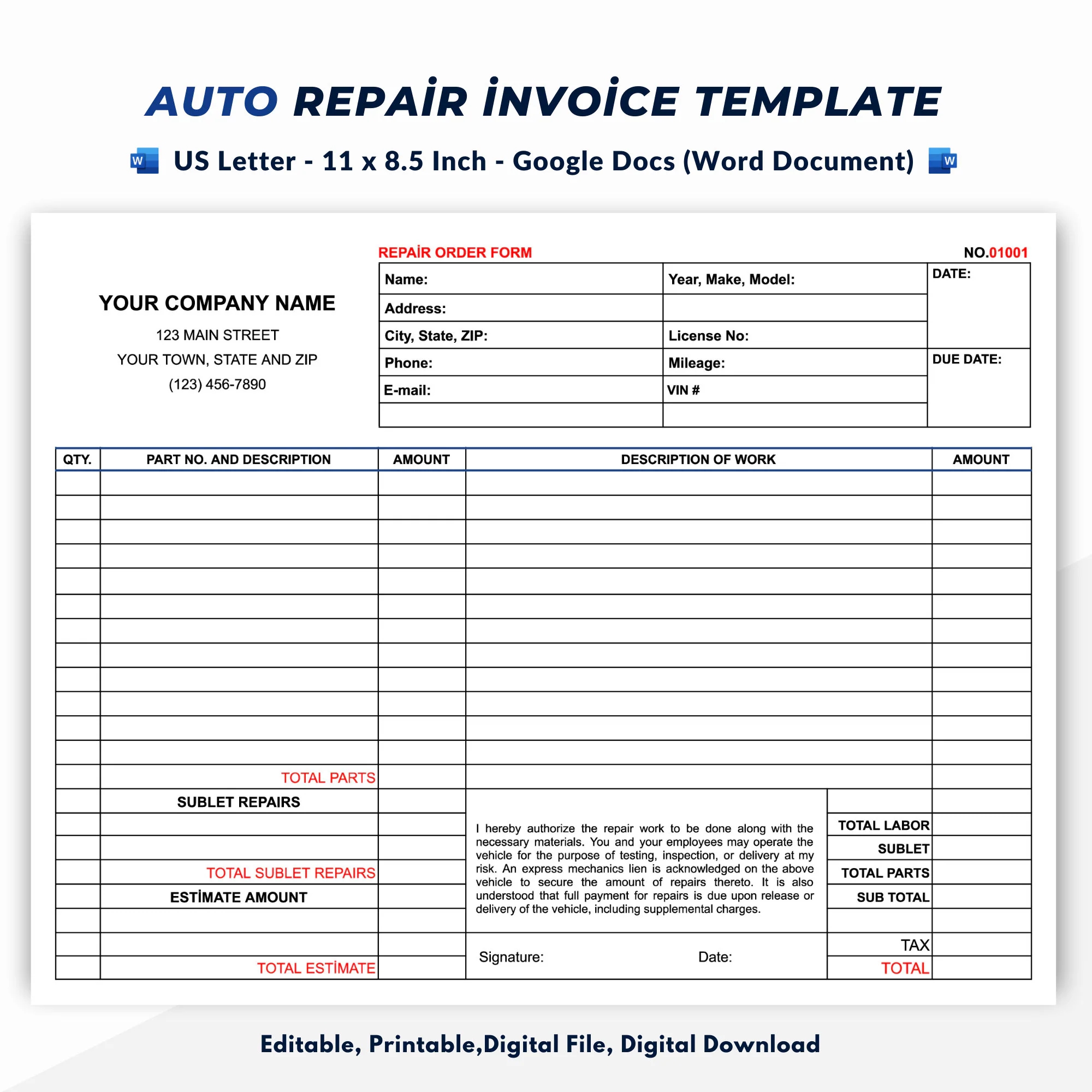 Auto Repair Order Template Auto Service Invoice Form Etsy