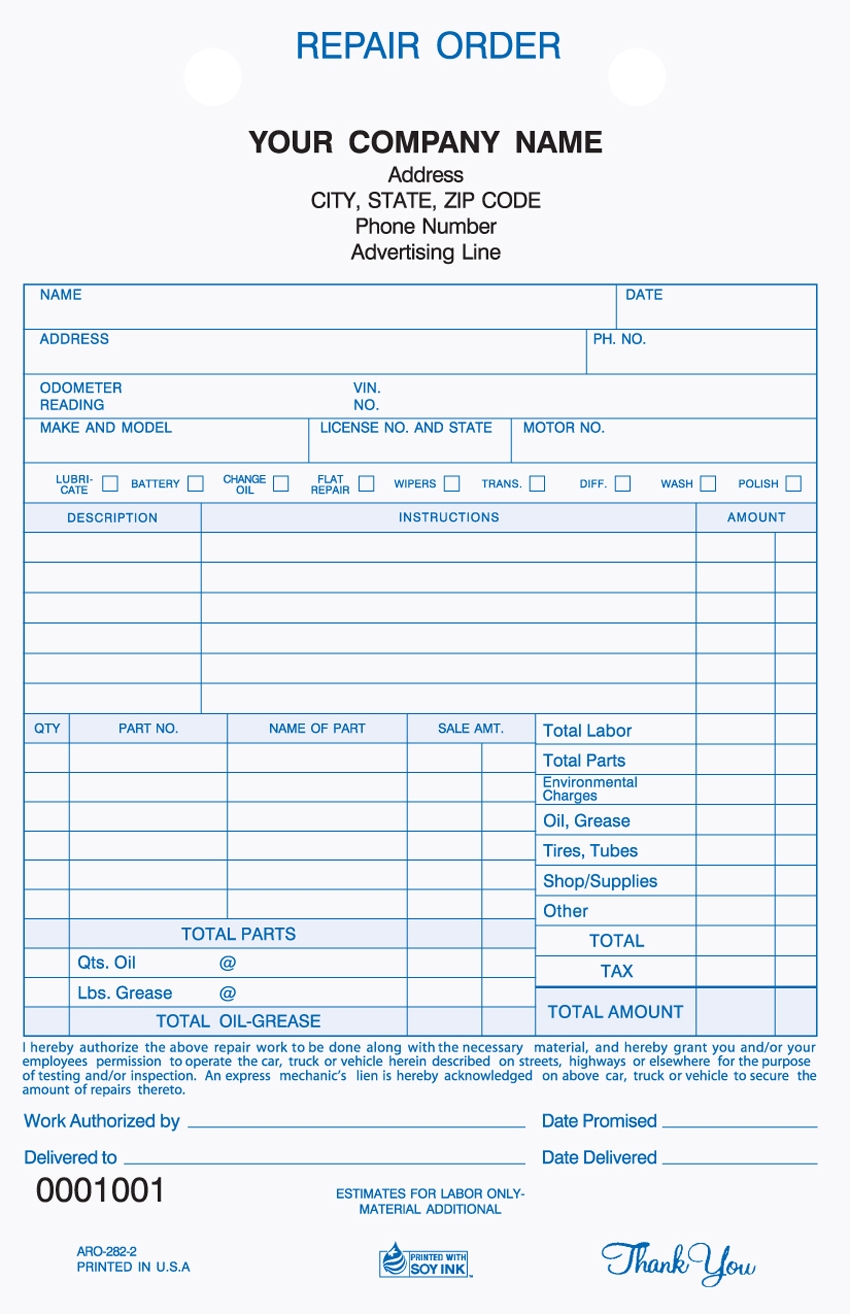 Auto Repair Register Form Aro 282 2 3 Parts Free Shipping 5 5x8 5 79 00 Carbonless Online Printing Custom Forms