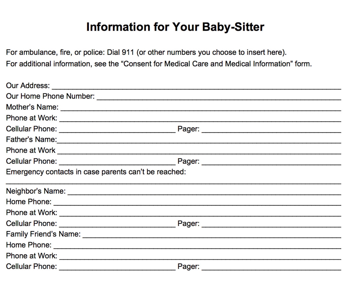 Babysitter Emergency Information Sheet Template Worksheets Library