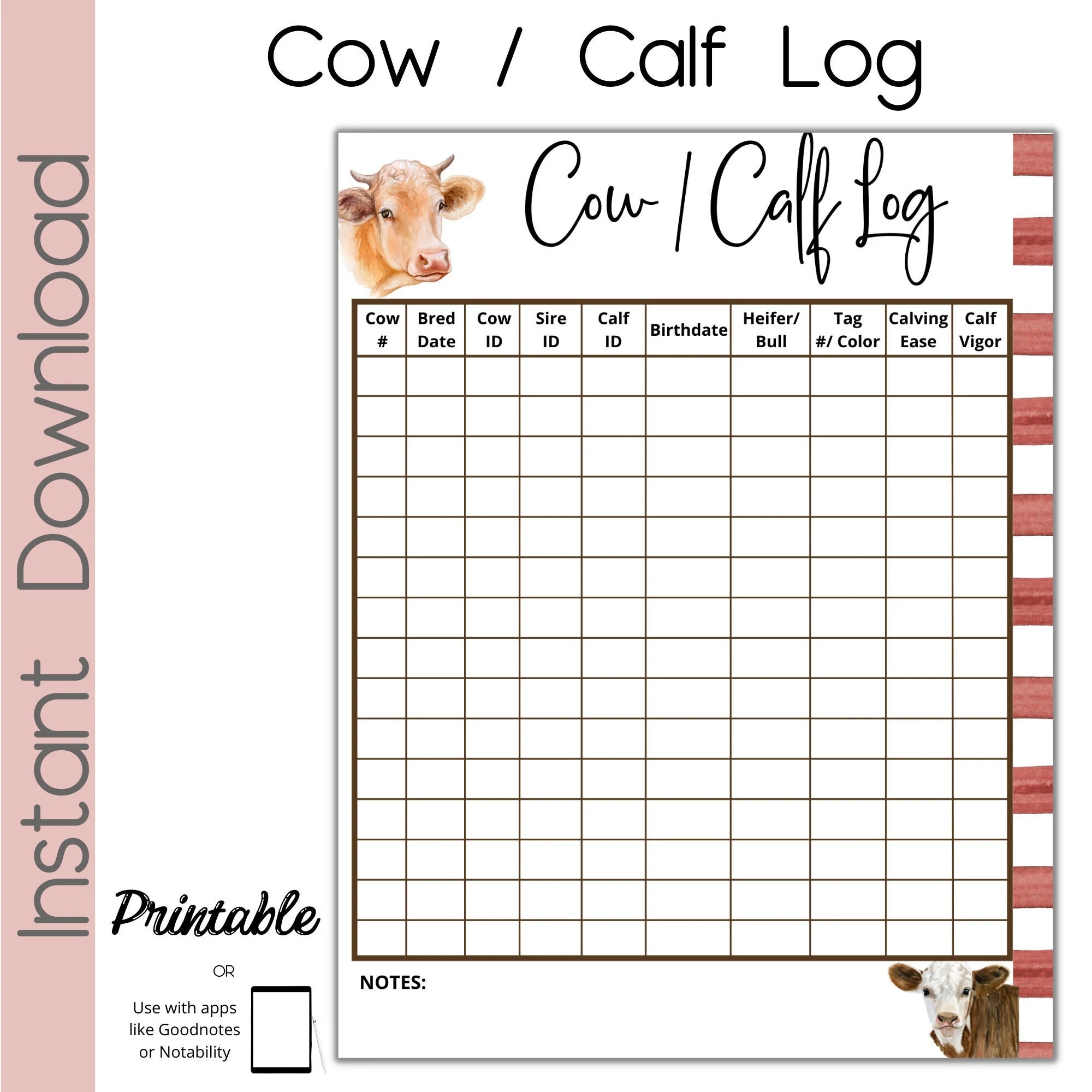 Beef Calving Logbook Cow Calf Log Cow Calf Record Book Cattle Record Printable Log Book Goodnotes Log Book Etsy
