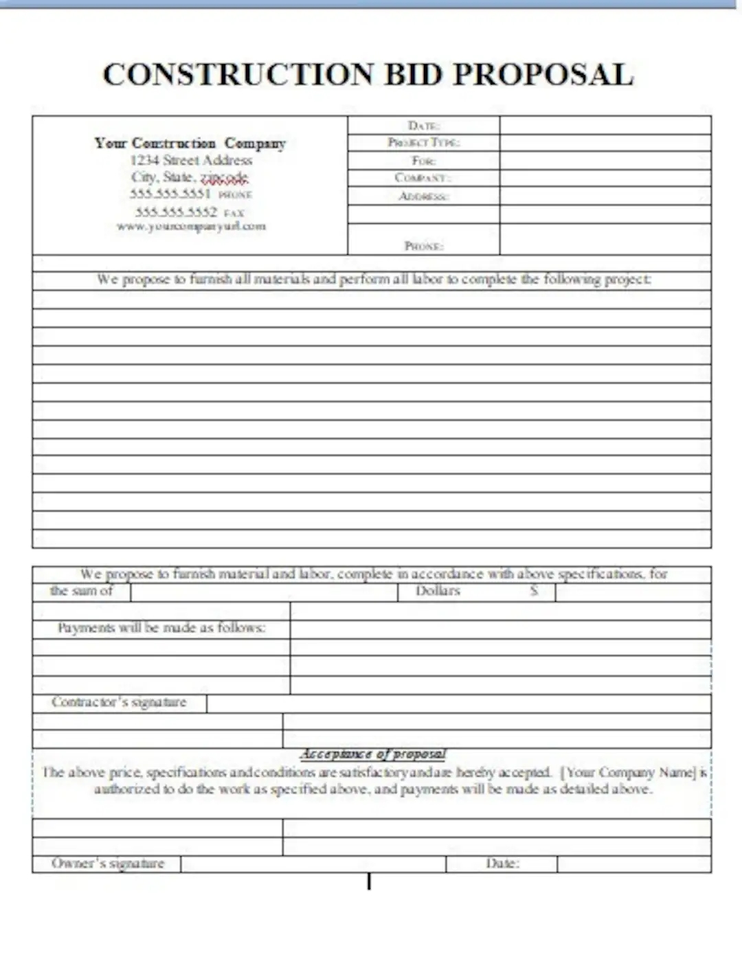 Free Printable Contractor Bid Forms
