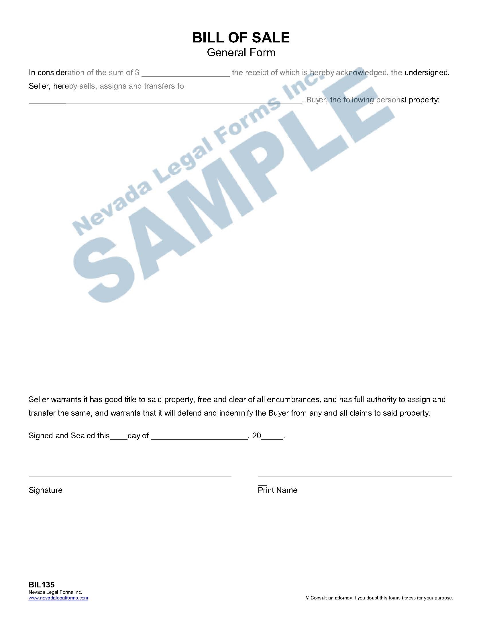 BILL OF SALE general Form Nevada Legal Forms U0026 Services BILL OF SALE general Form Nevada Legal Forms U0026 Services