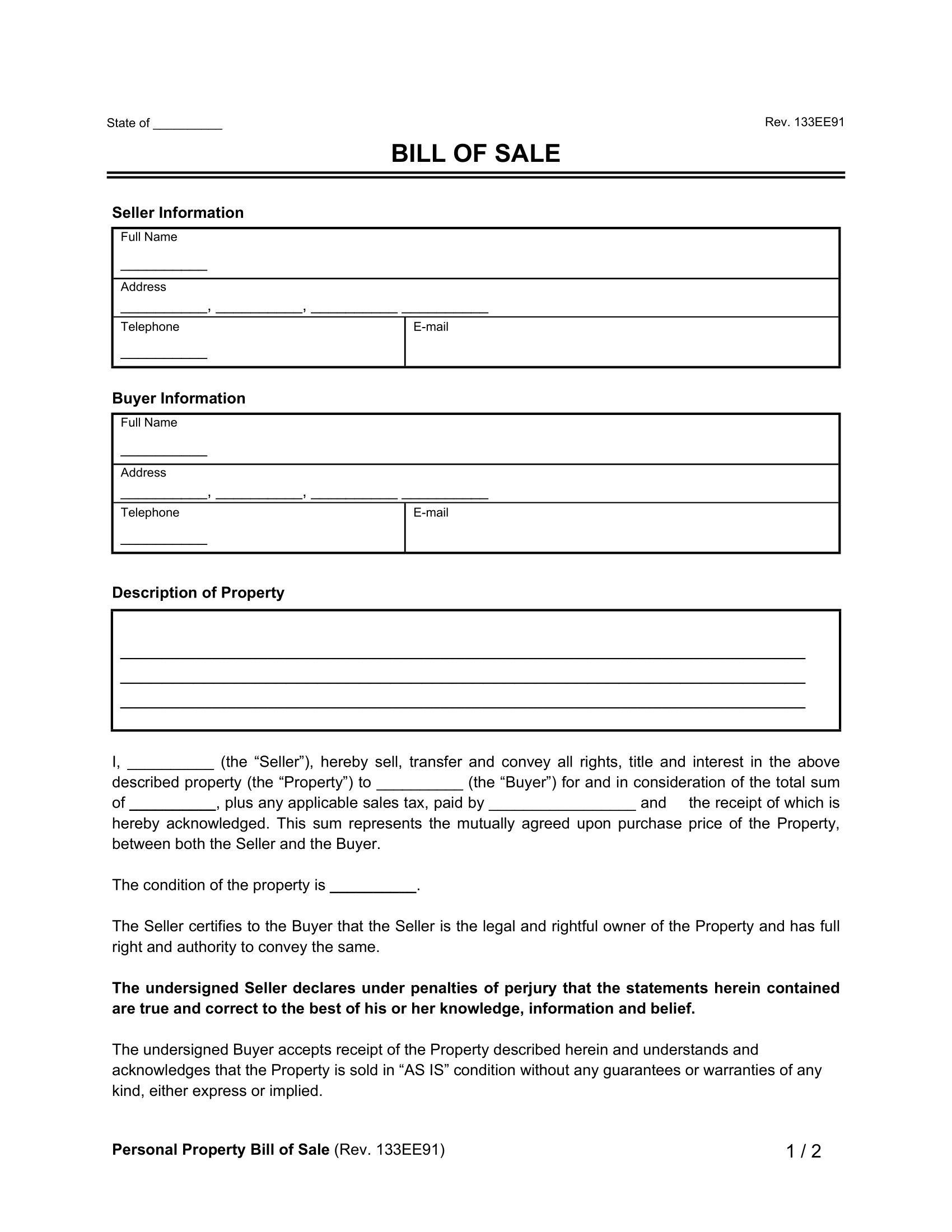 Bill Of Sale Templates Fill Out Save Online