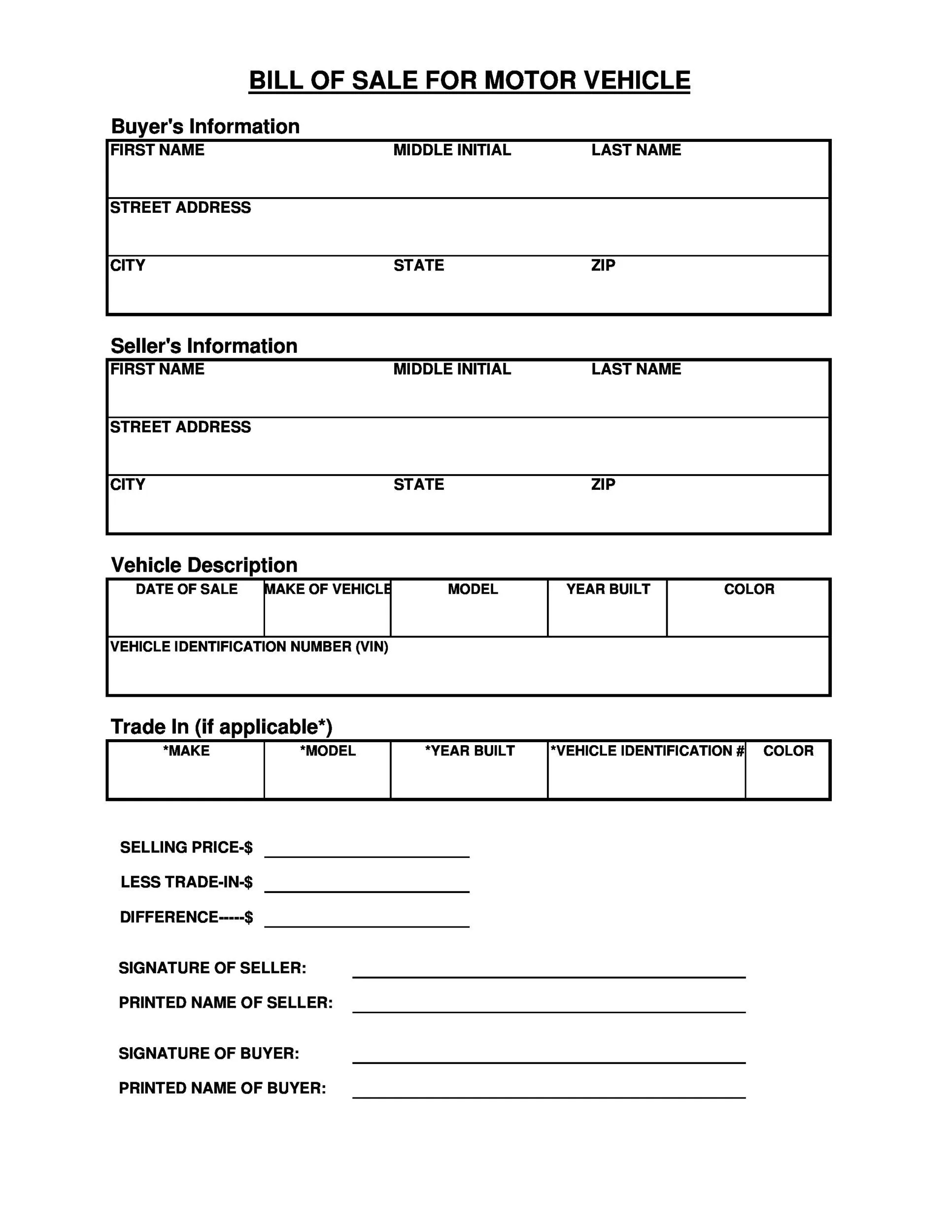Blank Bill Of Sale Template Project Management Templates