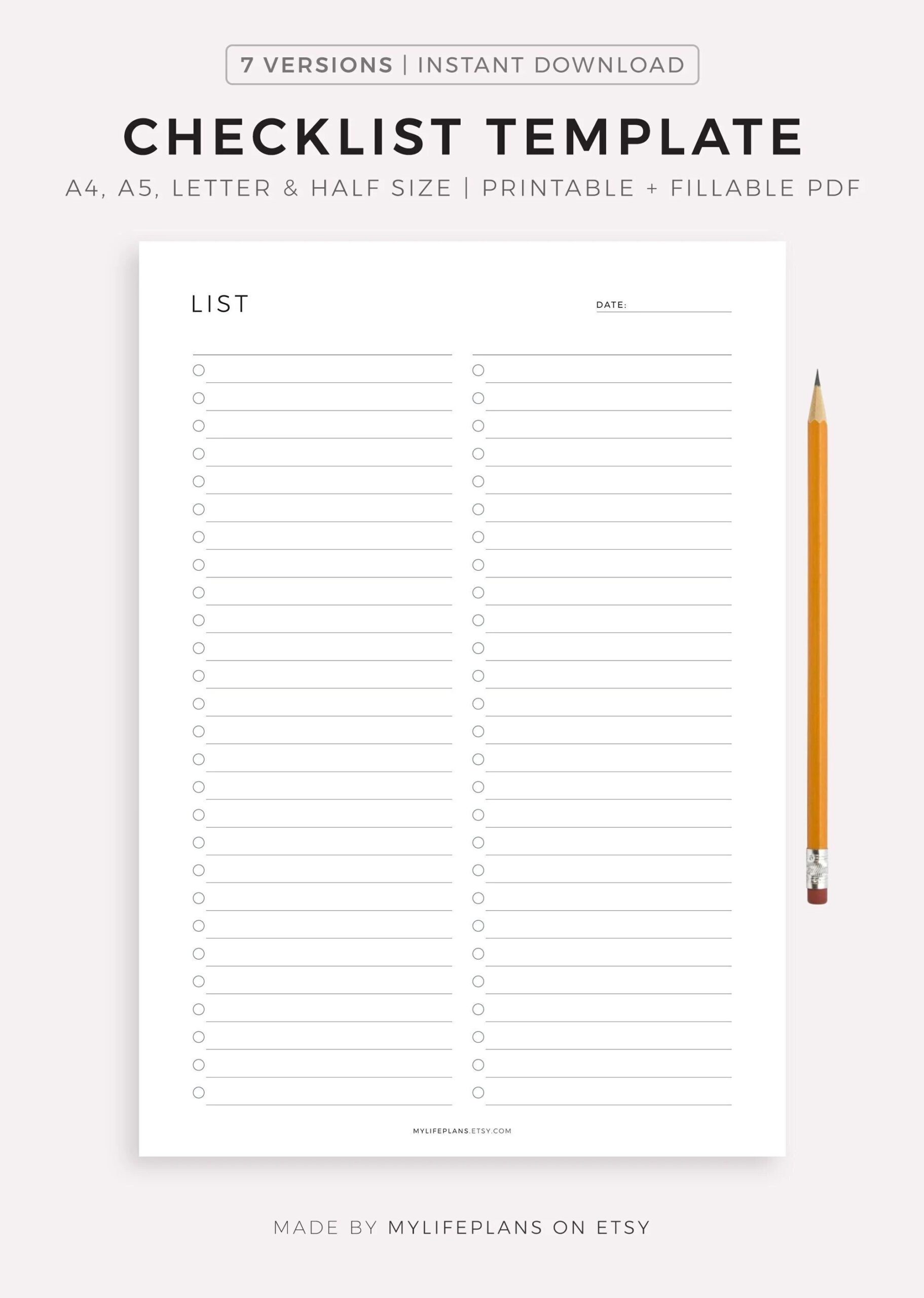 Blank Checklist Template Printable Fillable Simple Checklist Template A4 a5 letter half Instant Download PDF Etsy