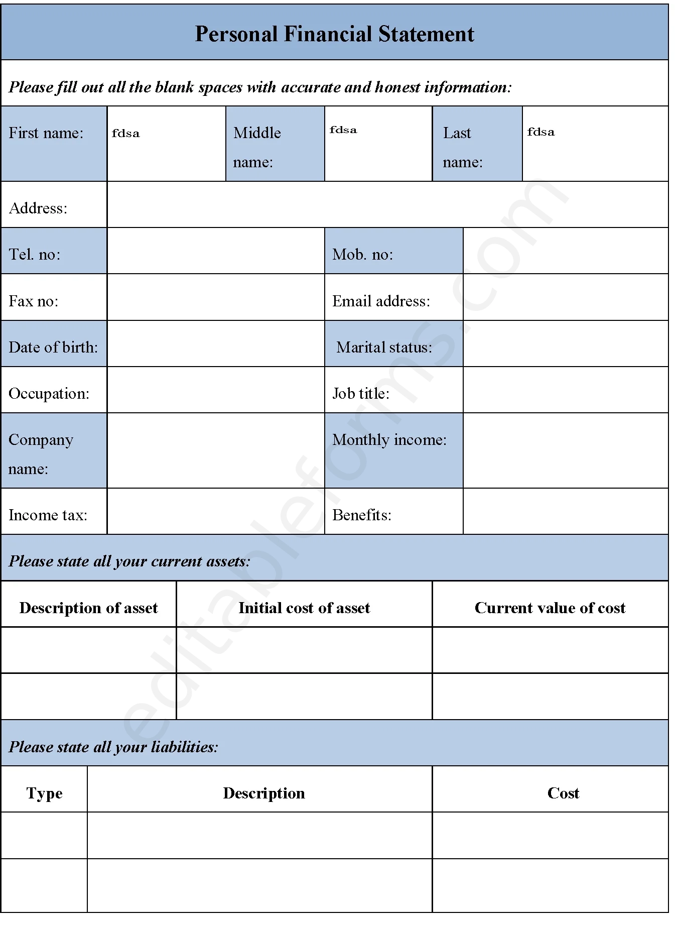 Printable Personal Financial Statement Form