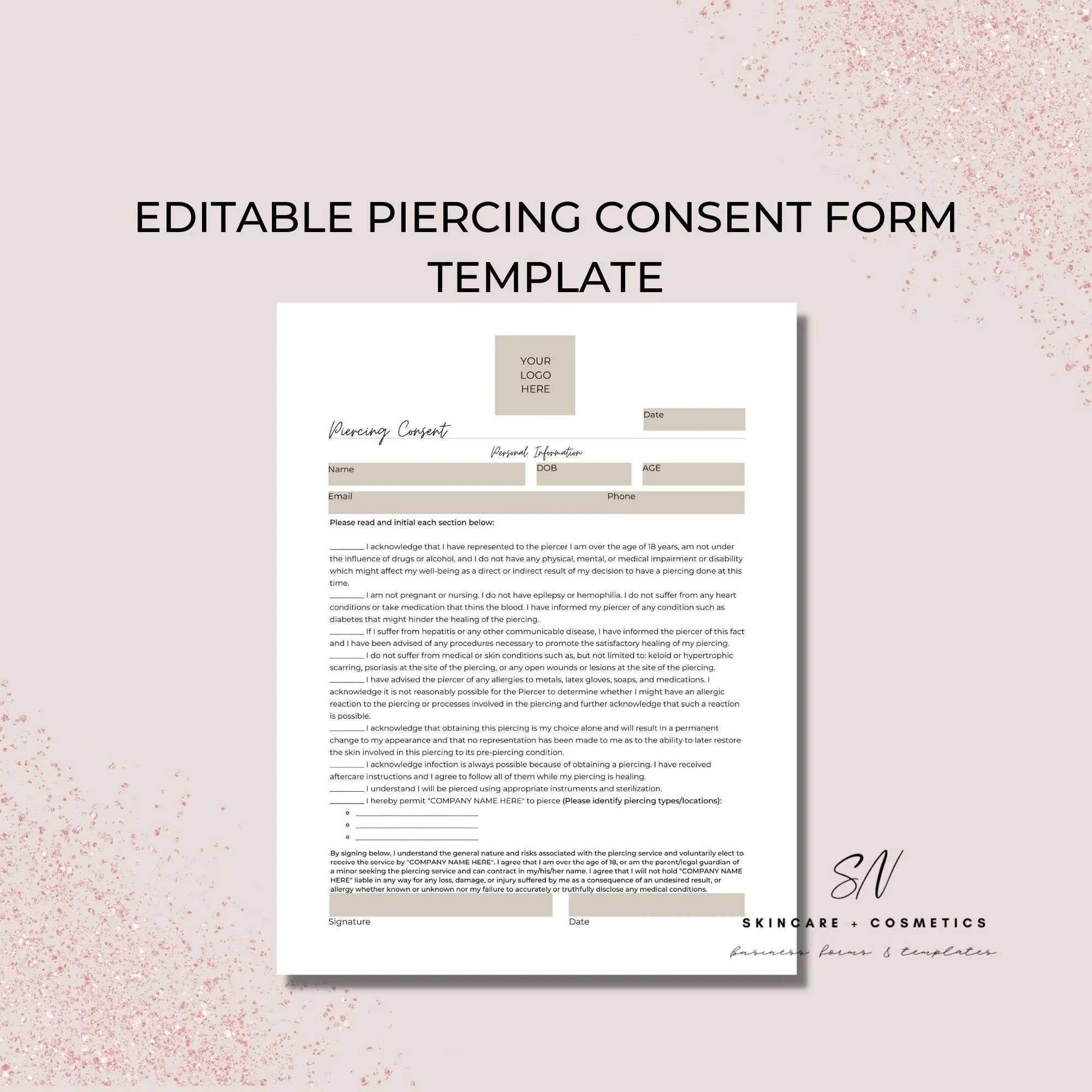 Body Piercing Consent Form DIY Editable Canva Template 1 Page Printable Body Modification Ear Piercing Nose Piercing Piercing Studio Etsy