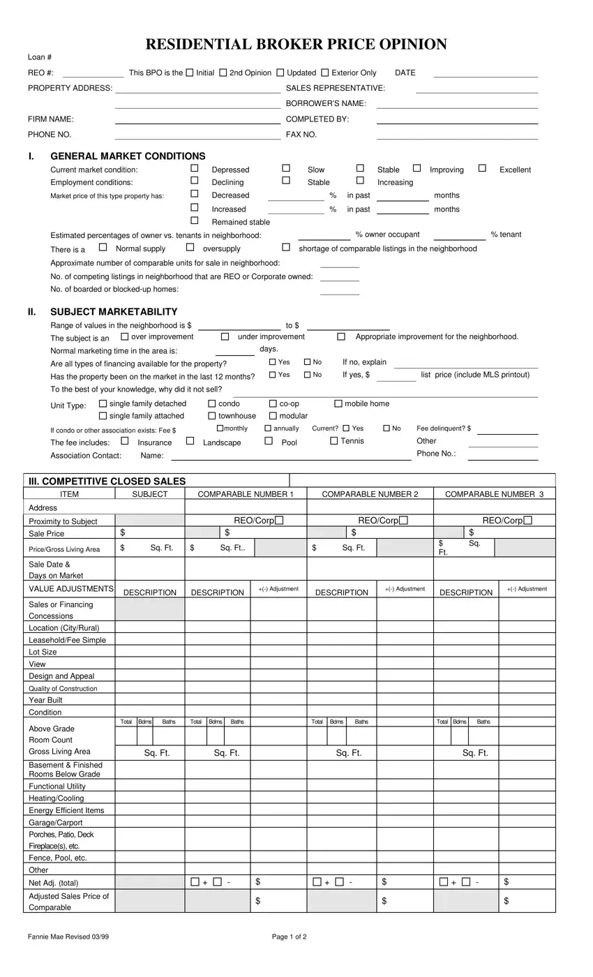 Broker Price Opinion Form Fill Out Printable PDF Forms Online