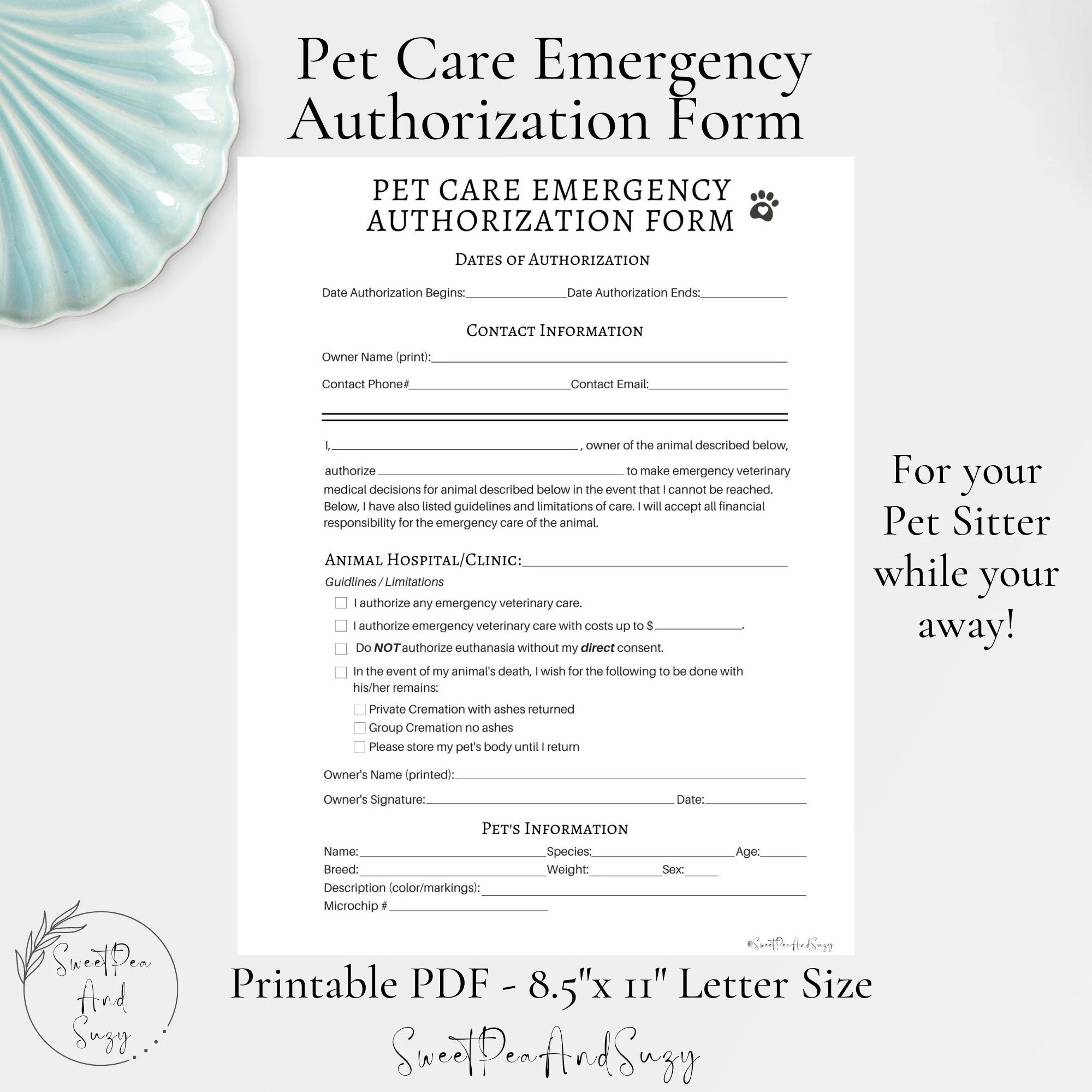 Buy Pet Care Emergency Authorization Form Pet Care Pet Sitter House Sitter In Case Of Injury Emergency Permission To Take For Treatment Online In India Etsy