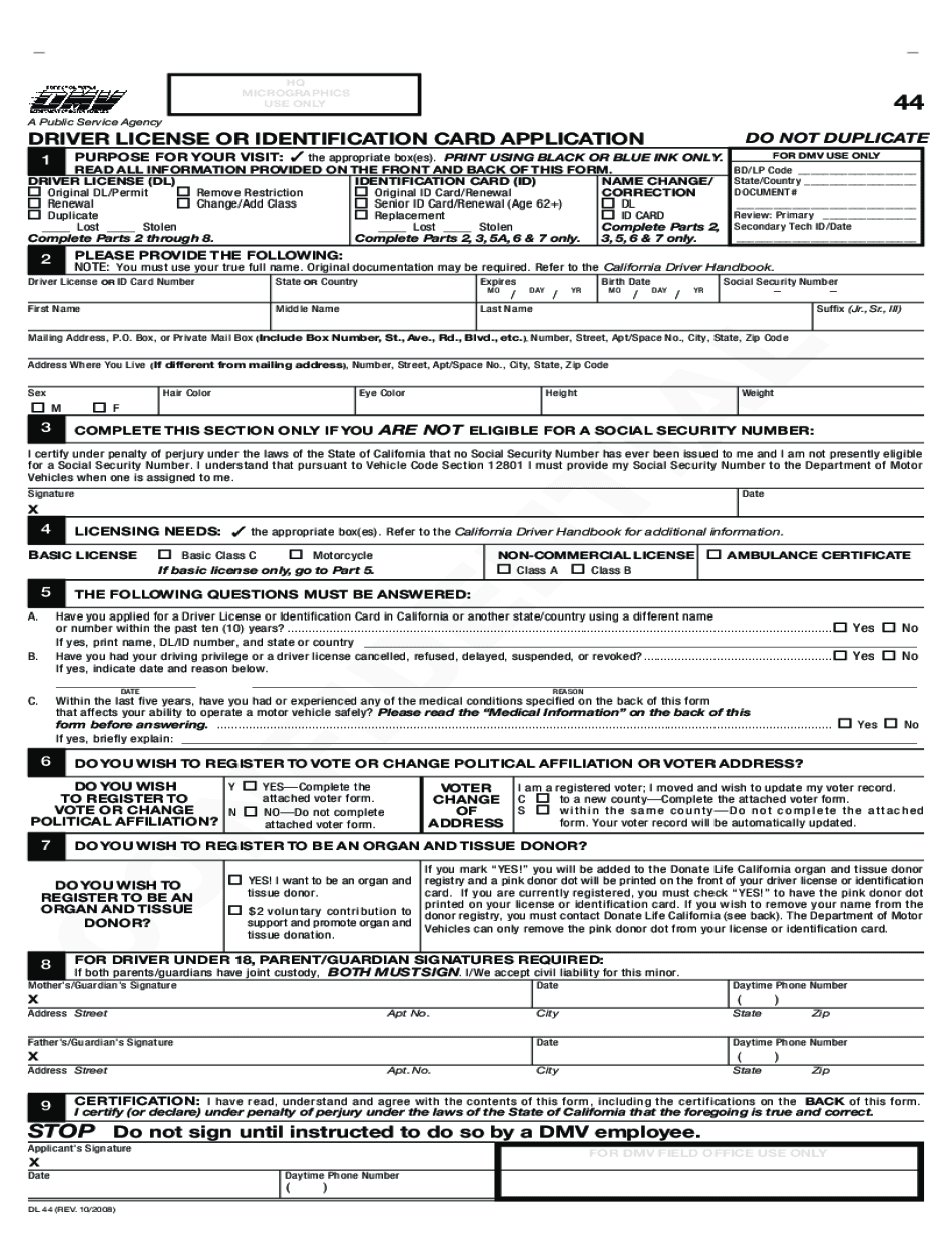 CA DMV DL 44 2008 2025 Form Printable Blank PDF Online CA DMV DL 44 2008 2025 Form Printable Blank PDF Online