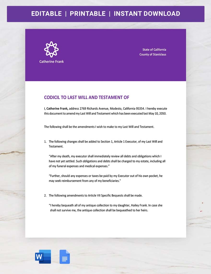 California Codicil To Will Template In Google Docs Word Download Template
