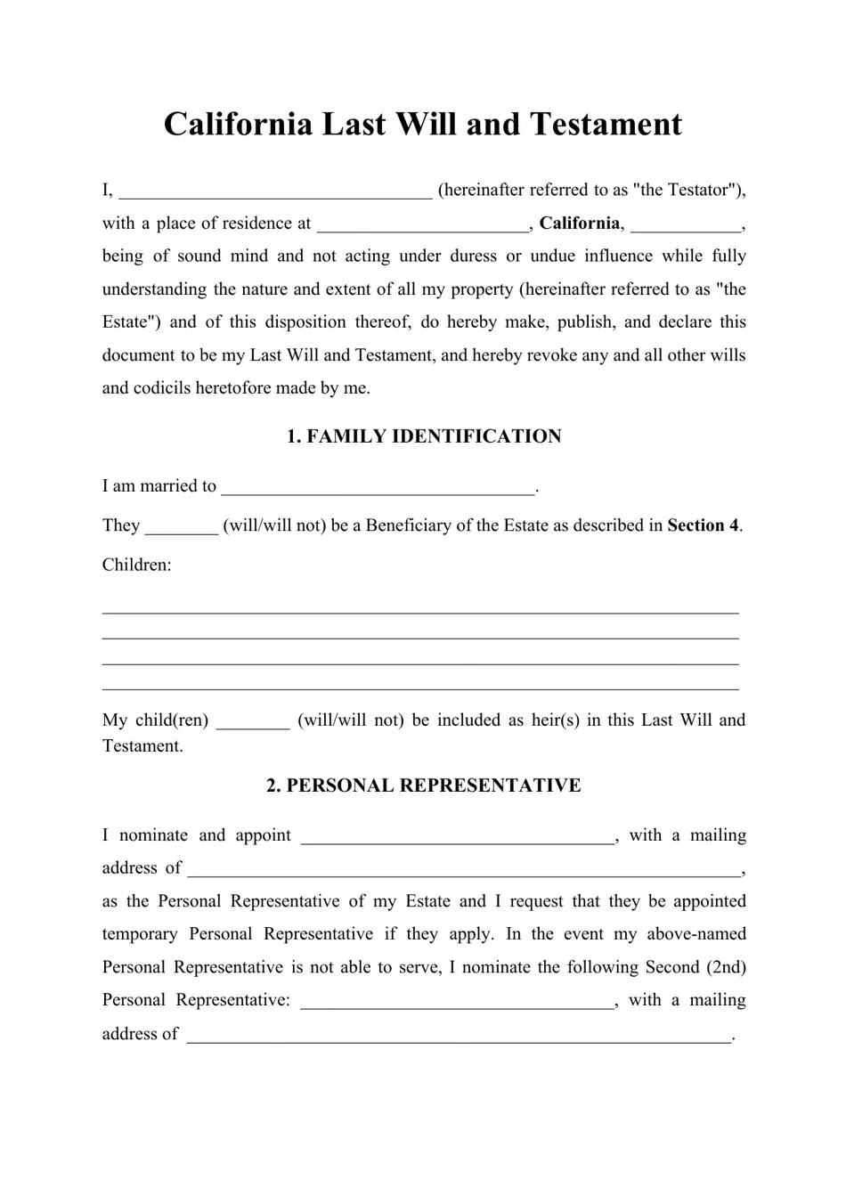 Free Printable Will Form