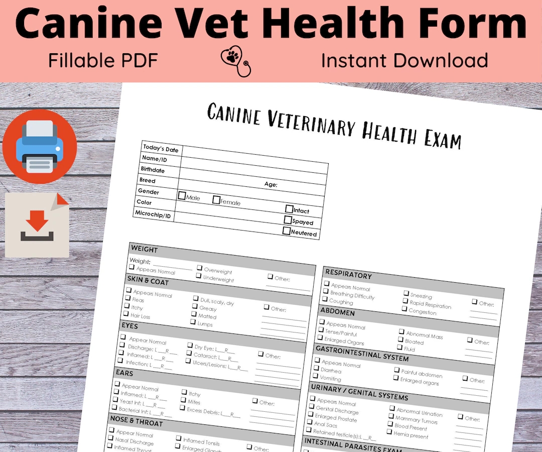 Canine Veterinary Health Exam Form Vets Breeders Pet Owners Etsy