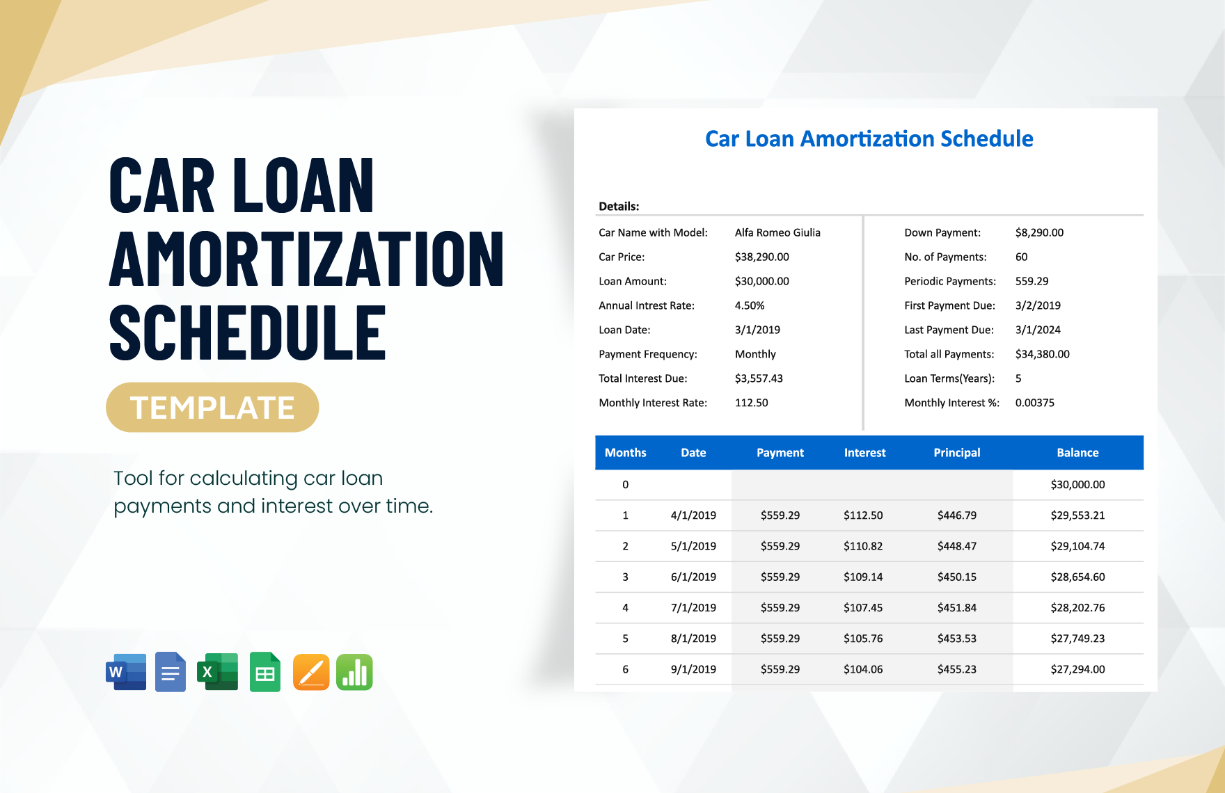 Car Loan Amortization Schedule Template In Google Sheets Word Excel Apple Pages Google Docs Apple Numbers Download Template