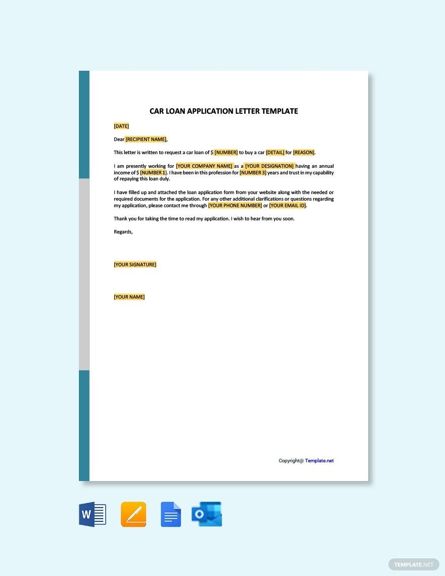 Car Loan Application Letter Template In Google Docs Pages Word Outlook PDF Download Template