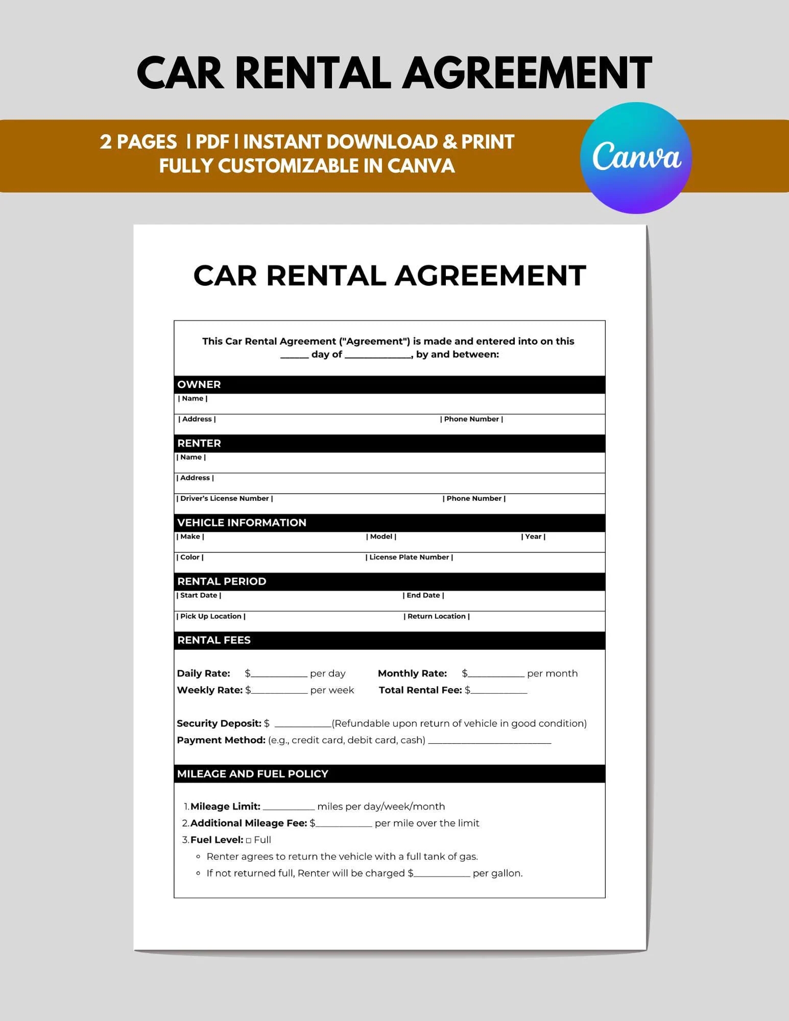 Car Rental Agreement Form Vehicle Lease Contract Car Lease Agreement Auto Rental Contract Form Printable And Fully Editable Etsy