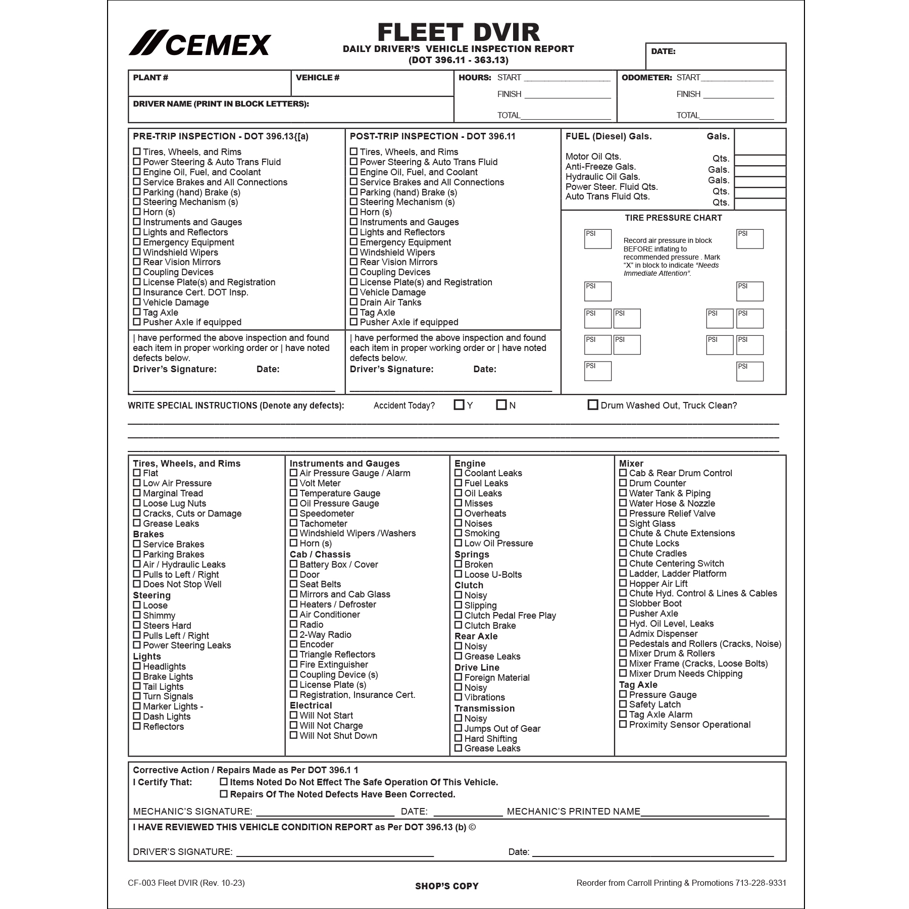 CF 003 DVIR Form Carroll Printing
