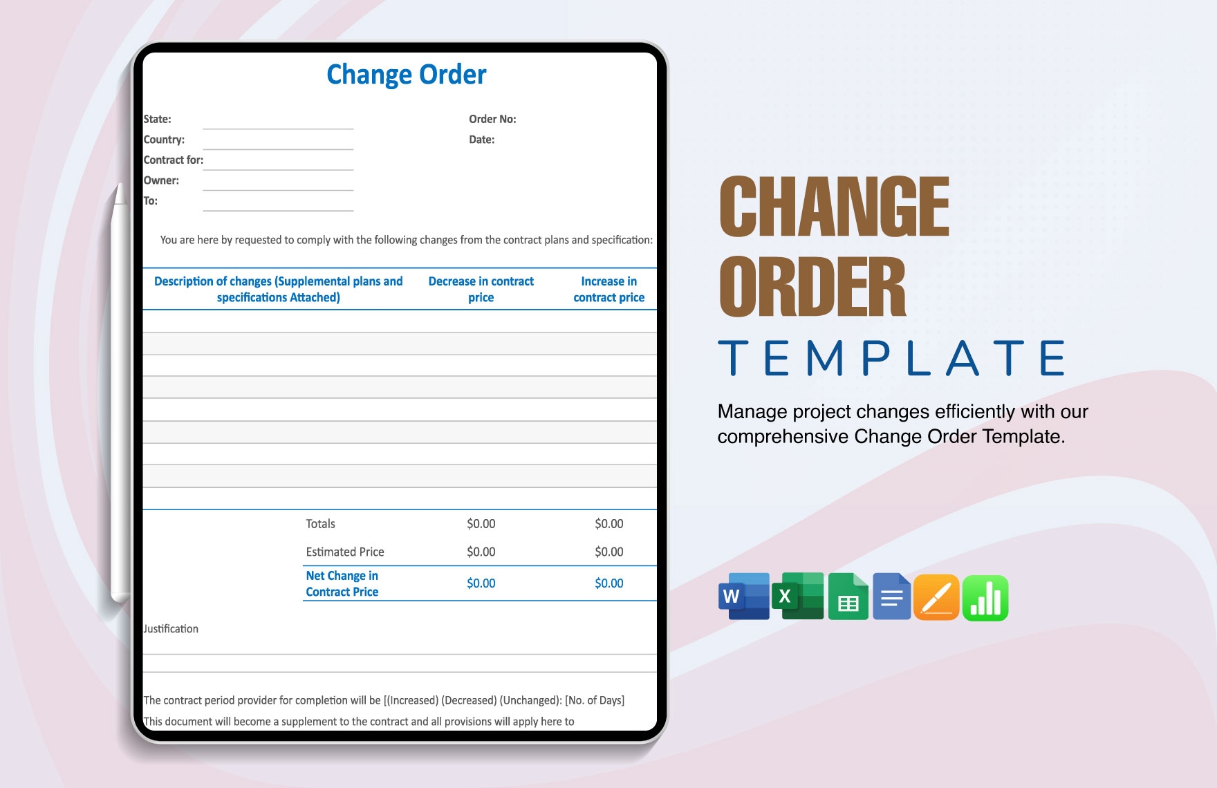 Change Order Template In Google Docs Word Excel Apple Numbers Apple Pages Google Sheets Download Template