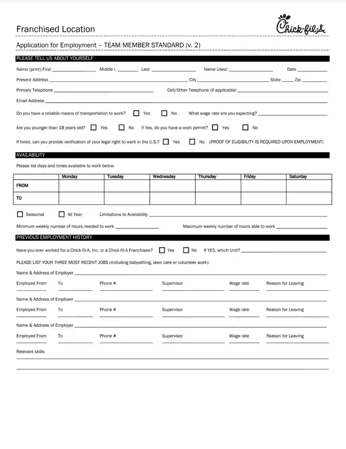 Chick Fil A Job Application Fill Out Printable PDF Forms Online