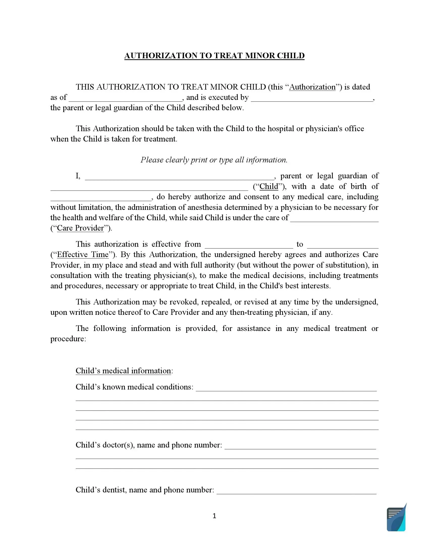 Child Care Authorization Forms Printable