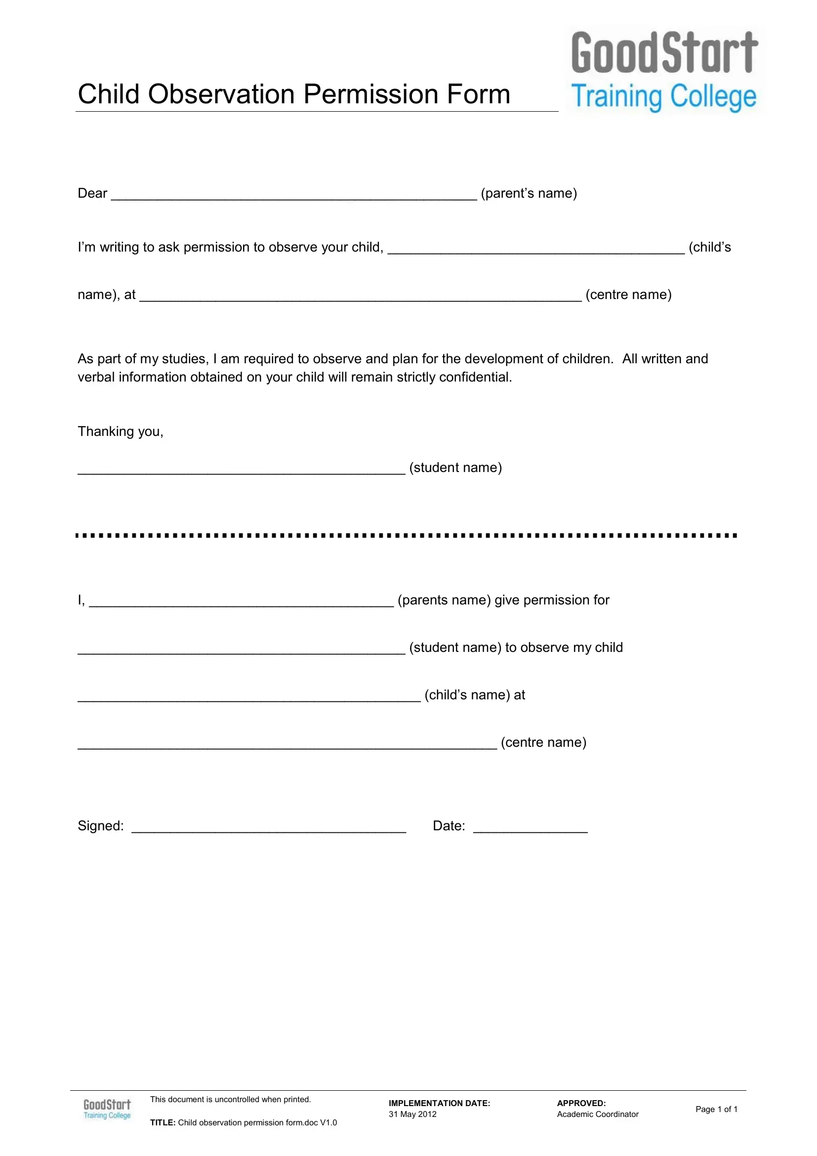 Child Observation Form Fill Out Printable PDF Forms Online