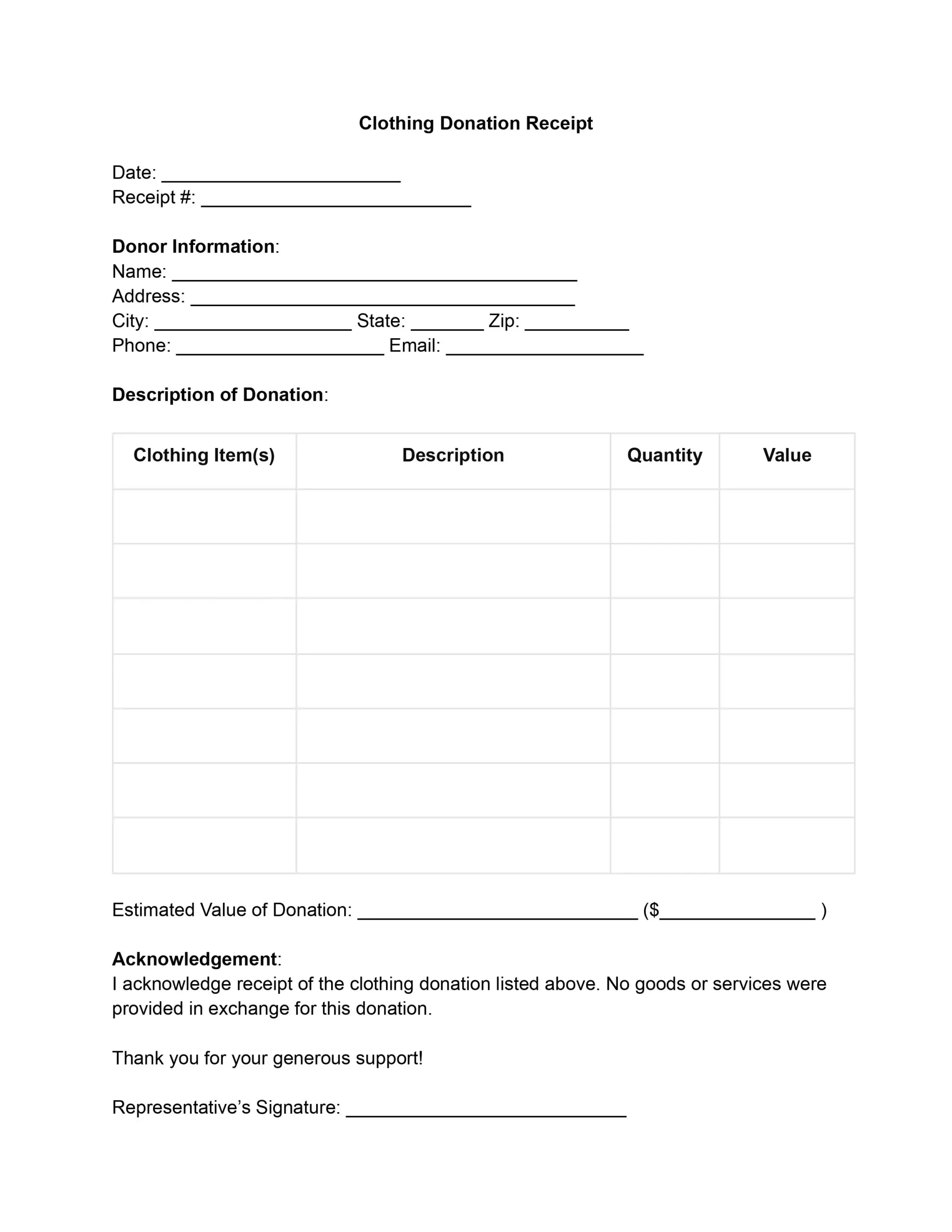 Clothing Donation Receipt Fill Out Printable PDF Forms