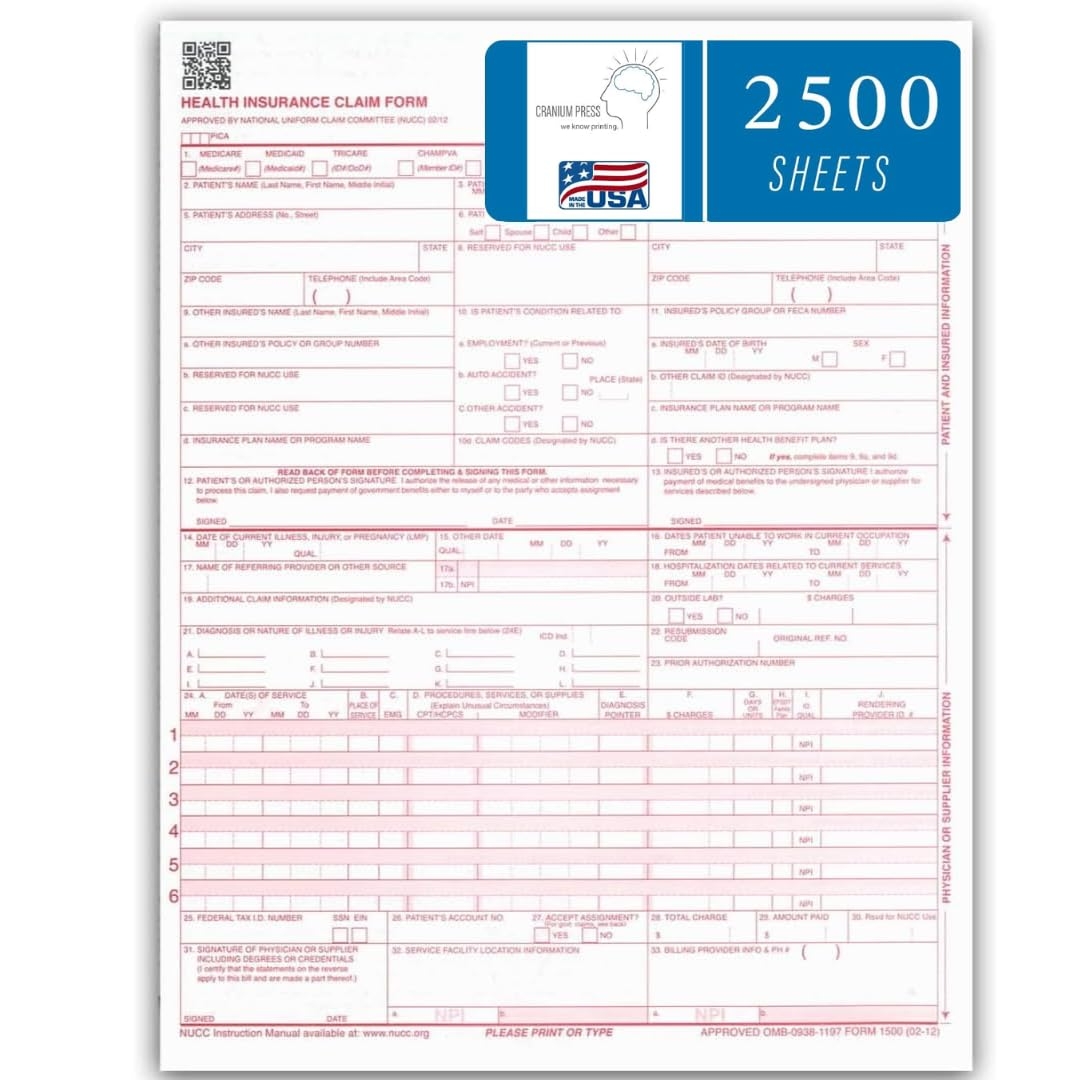 CMS 1500 Claim Forms 2500 Sheets New Version HCFA 1500 02 2012 Revision Laser And Inkjet Compatible Health Insurance Claim Forms In Oman Whizz Insurance Claim Forms