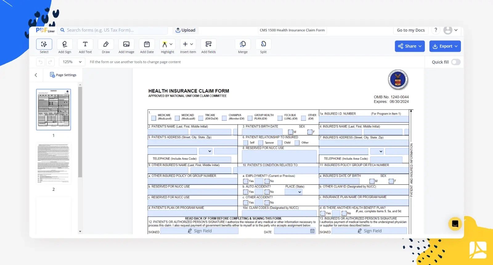 CMS 1500 Health Insurance Claim Form Template PDFliner