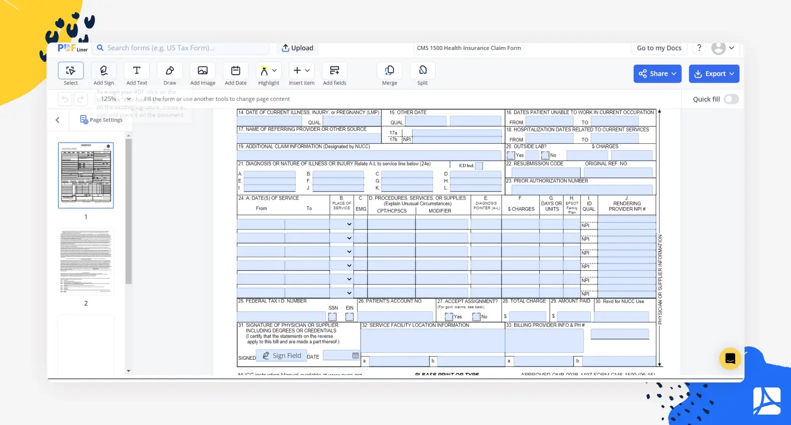 CMS 1500 Health Insurance Claim Form Template PDFliner