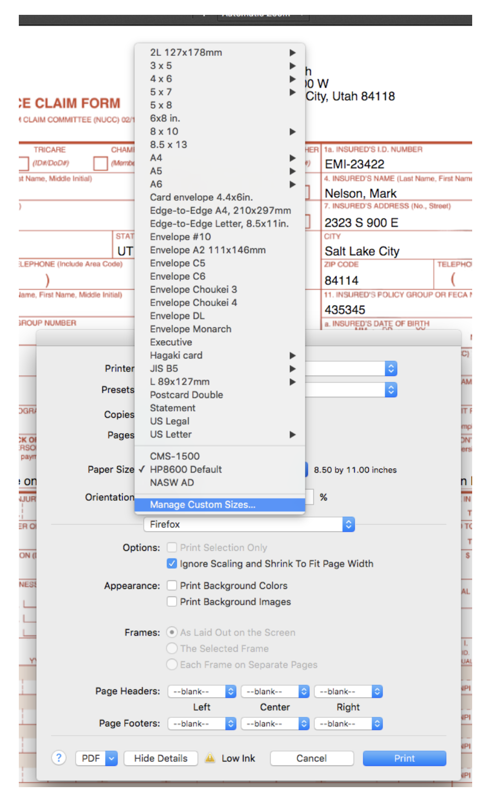 CMS 1500 Print Margin Settings TherapyMate