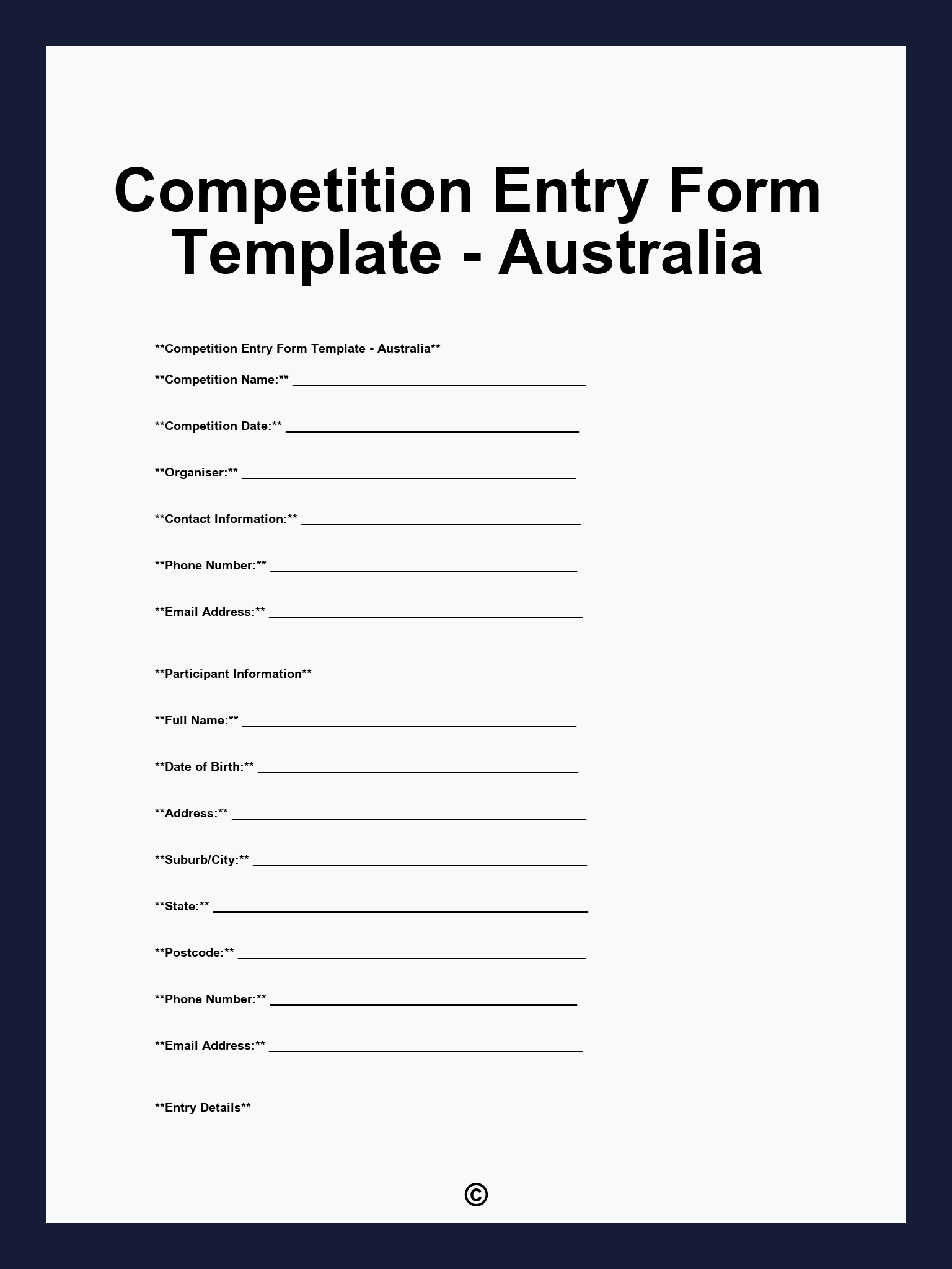 Competition Entry Form Template Australia