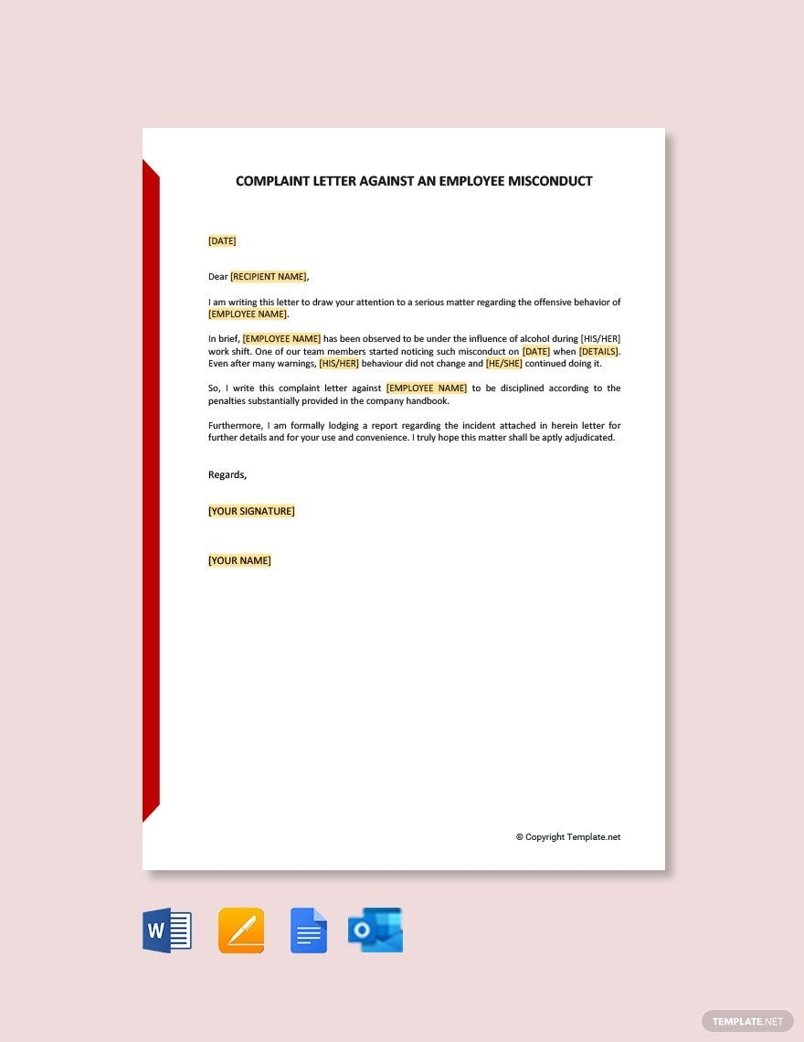Complaint Letter Against An Employee Misconduct In Google Docs Pages Word Outlook PDF Download Template Complaint Letter Against An Employee Misconduct In Google Docs Pages Word Outlook PDF Download Template