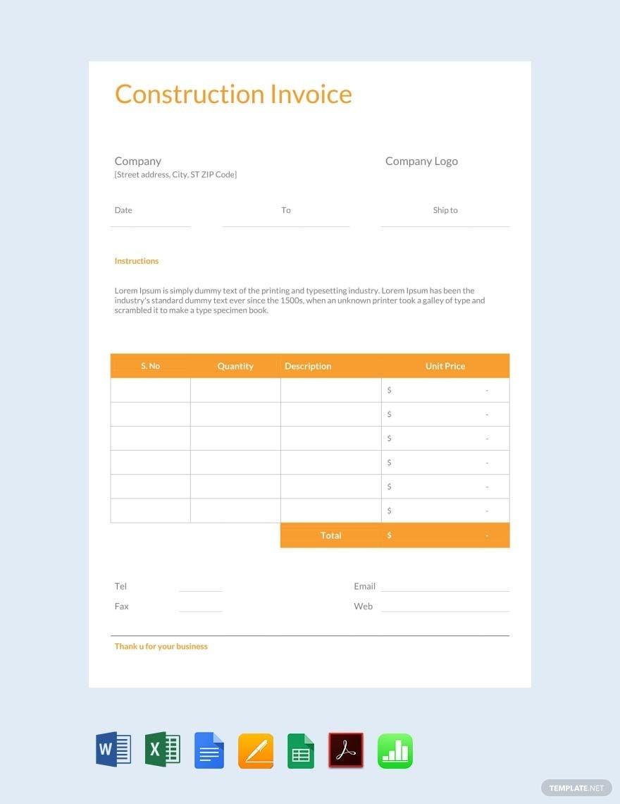 Construction Invoice Templates In Google Sheets Google Docs Excel Word Pages Apple Numbers PDF Download Template