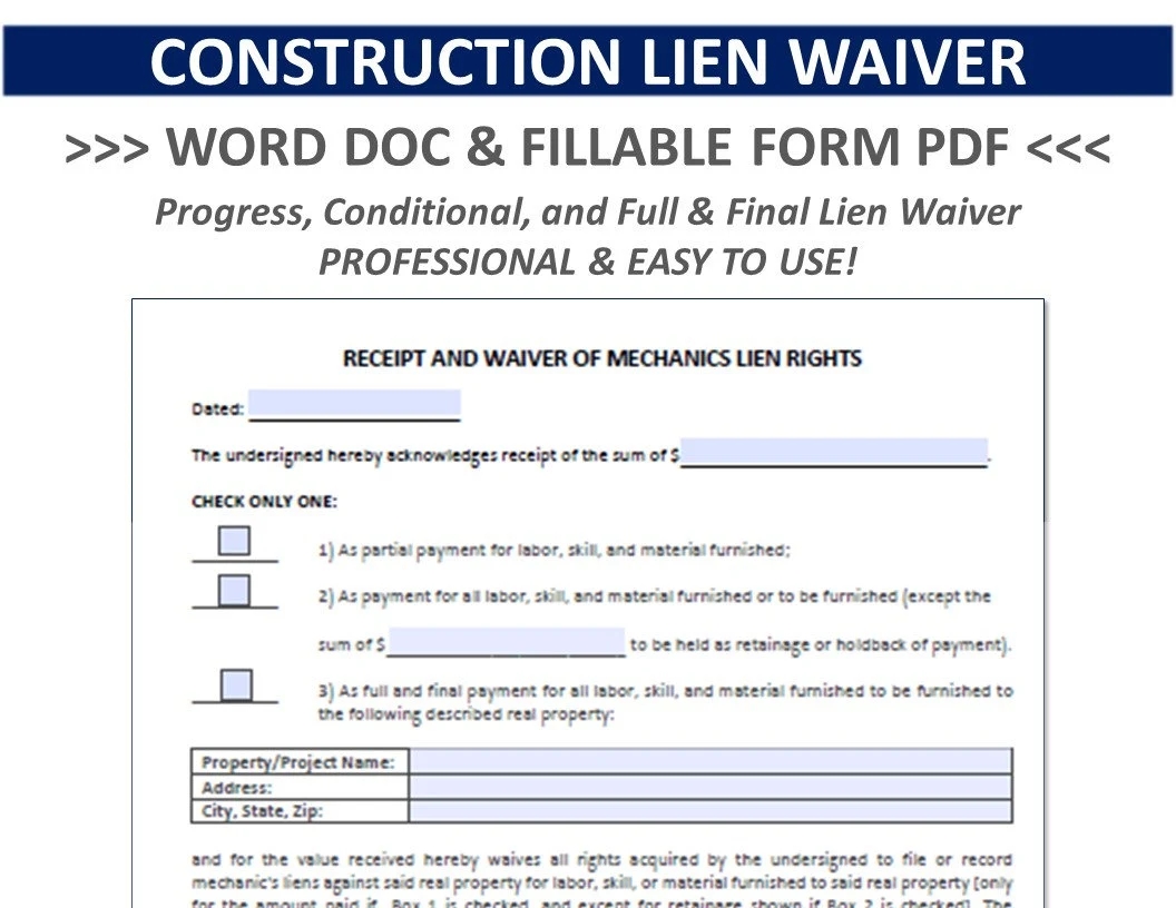 CONSTRUCTION LIEN WAIVER Business Template Progress Condition Full And Final Lien Waiver Template Fillable Pdf And Word Doc Etsy