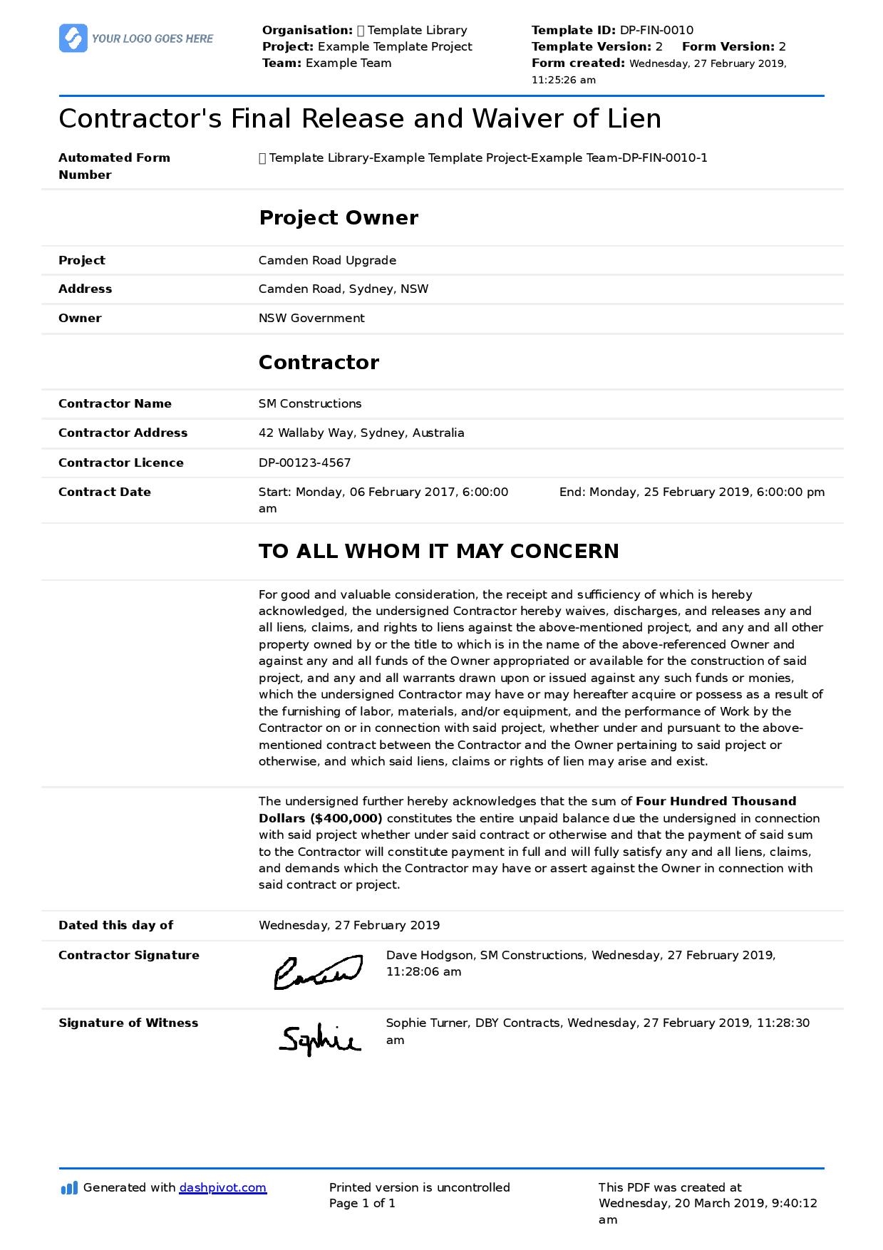 Free Printable Lien Release Form