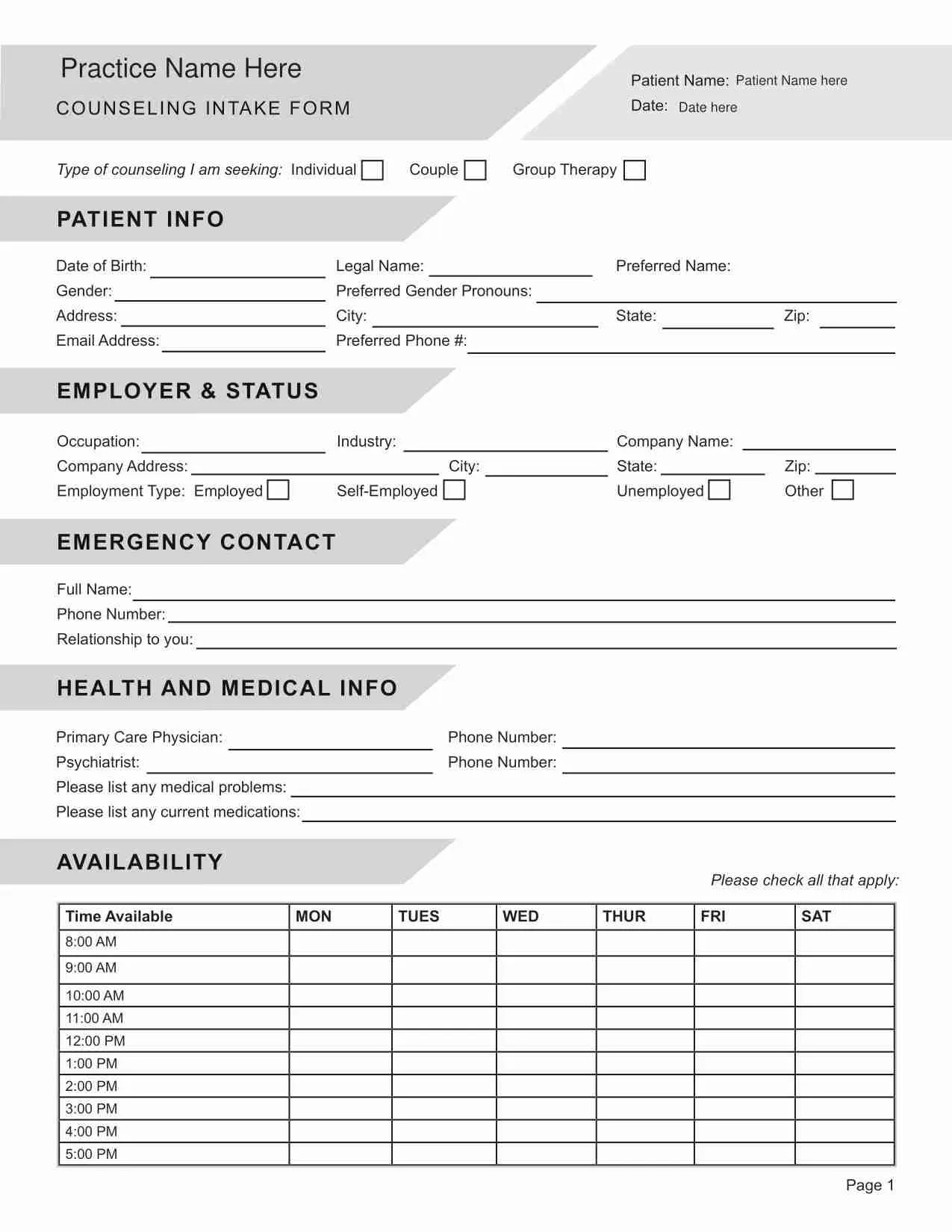 Counseling Intake Form PDF Editable Fillable Printable Template
