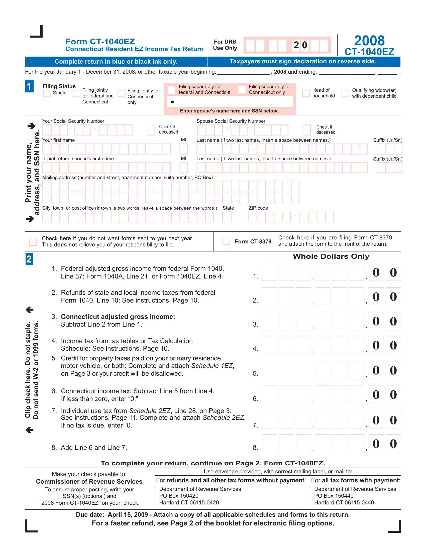 Ct 1040 Ez Form Fill Out Printable PDF Forms Online