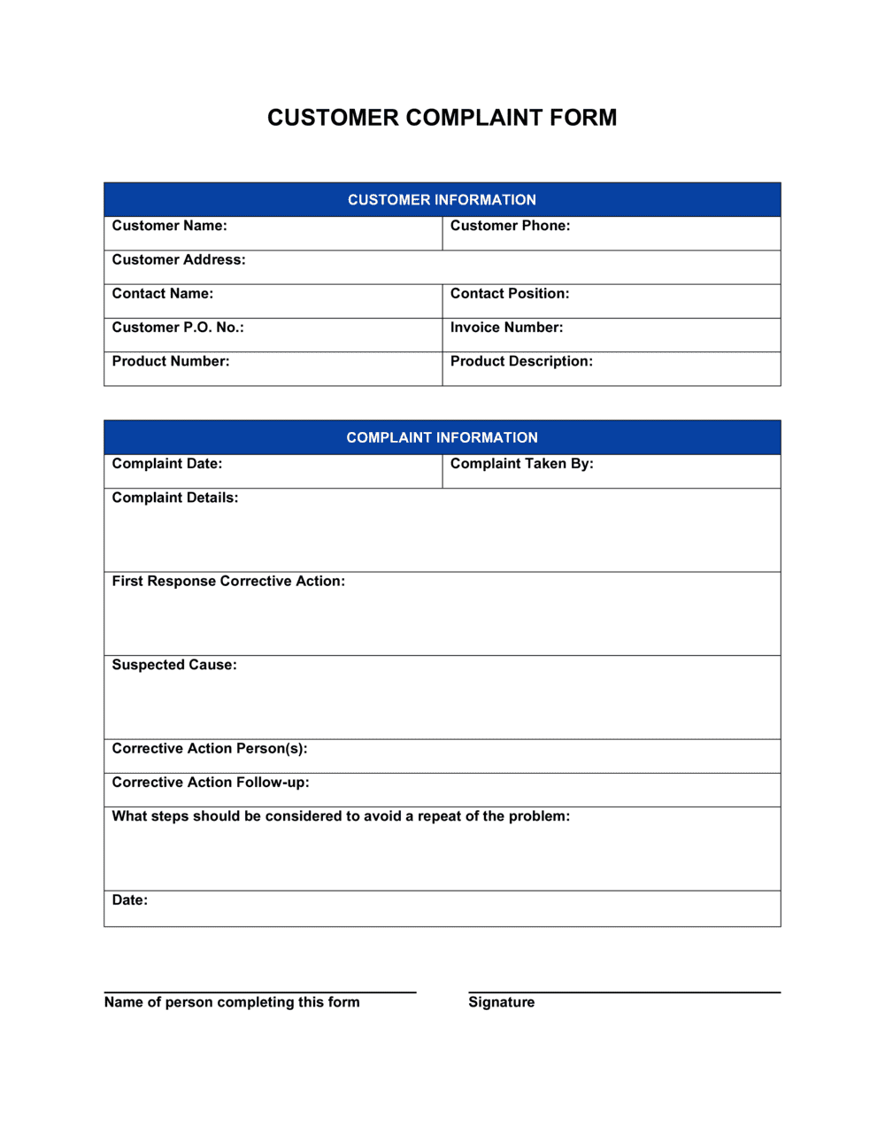 Customer Complaint Form Template Customer Complaint Form Template