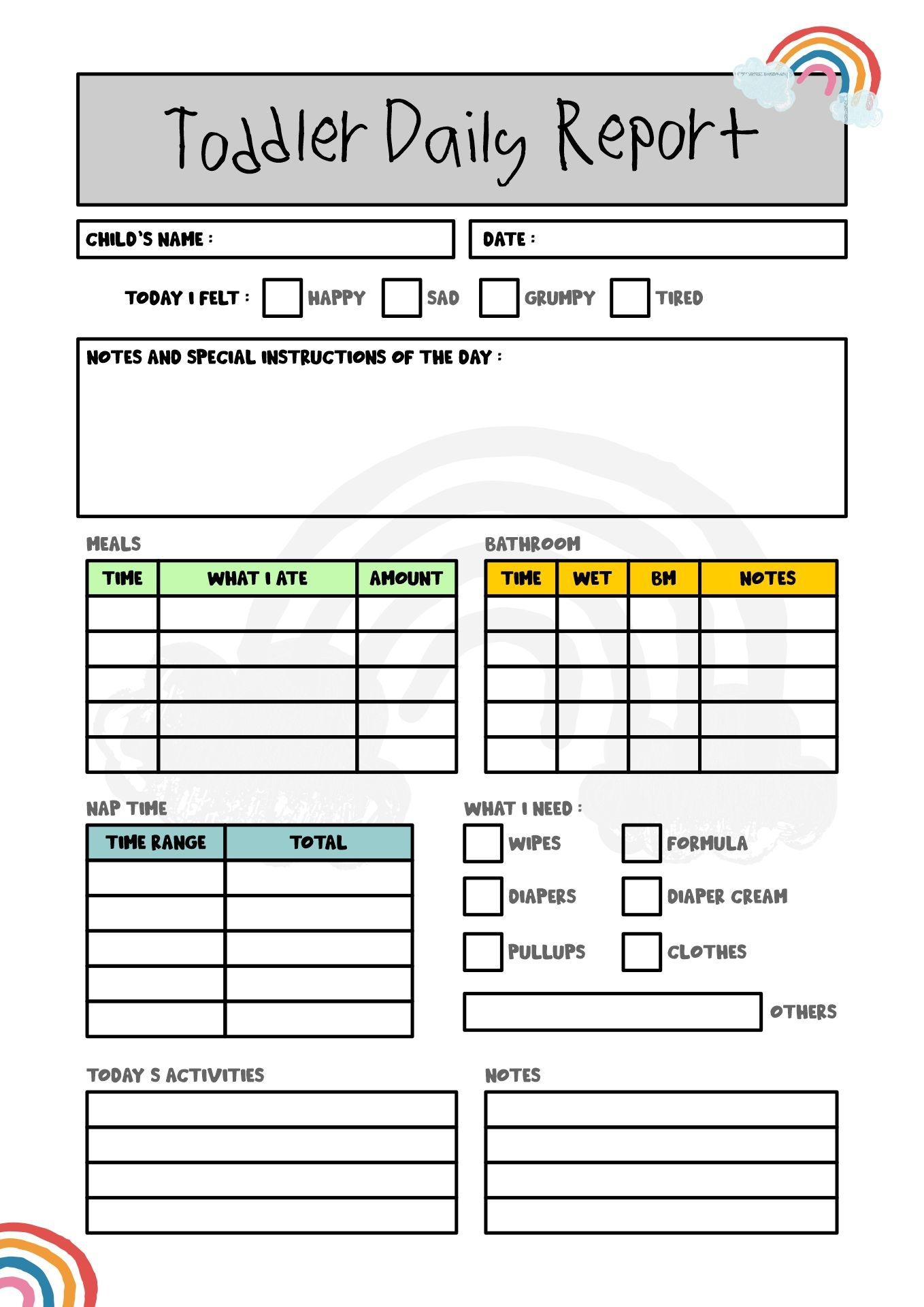 Printable Toddler Daily Report Forms