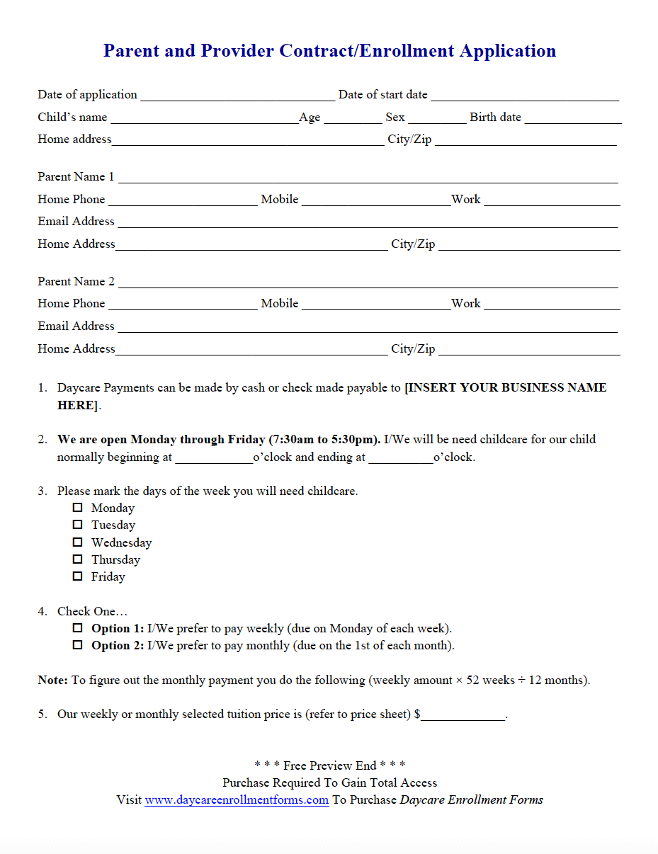 Daycare Enrollment Forms Child Care Registration Forms Templates Download Save Print