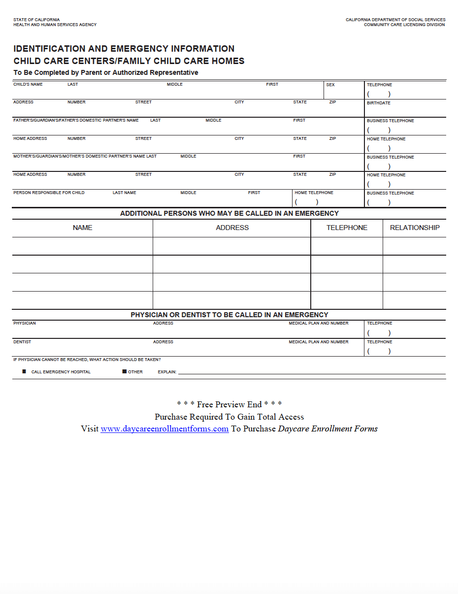 Daycare Enrollment Forms Child Care Registration Forms Templates Download Save Print